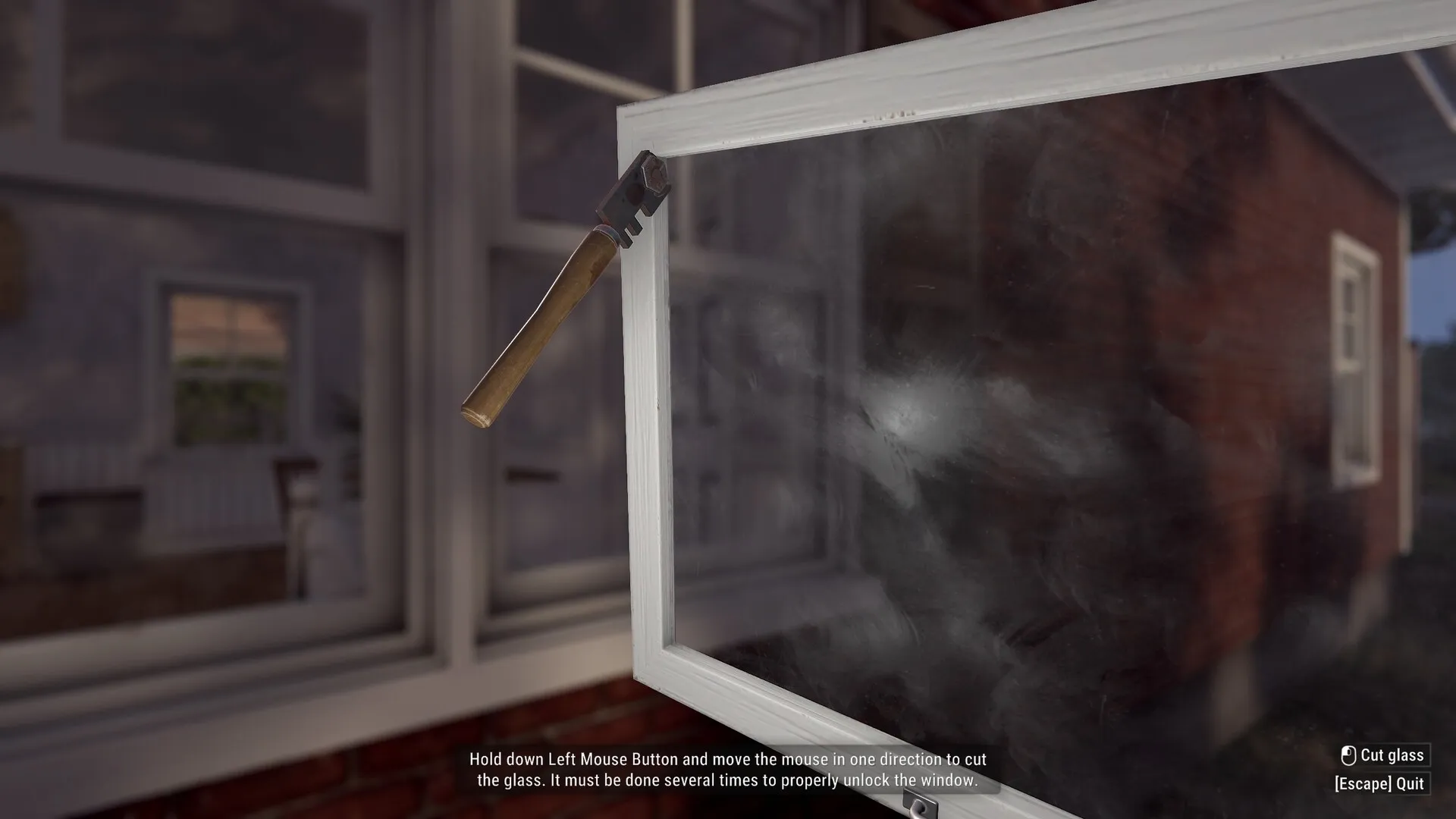 Crime Simulator: Cutting window glass with tool in suburban house break-in mission at night.