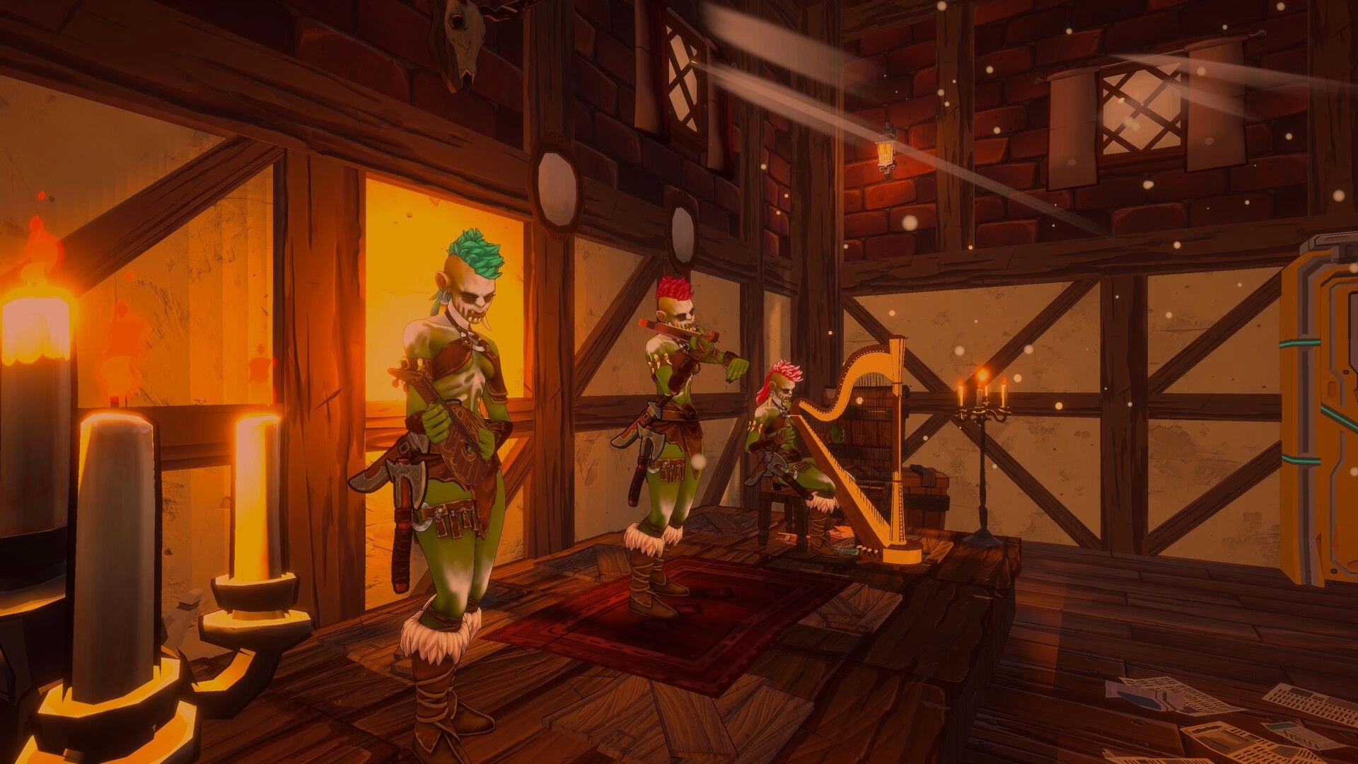 Crimson Furnace: Three punk goblins play lute, flute, and harp on a candlelit tavern stage.
