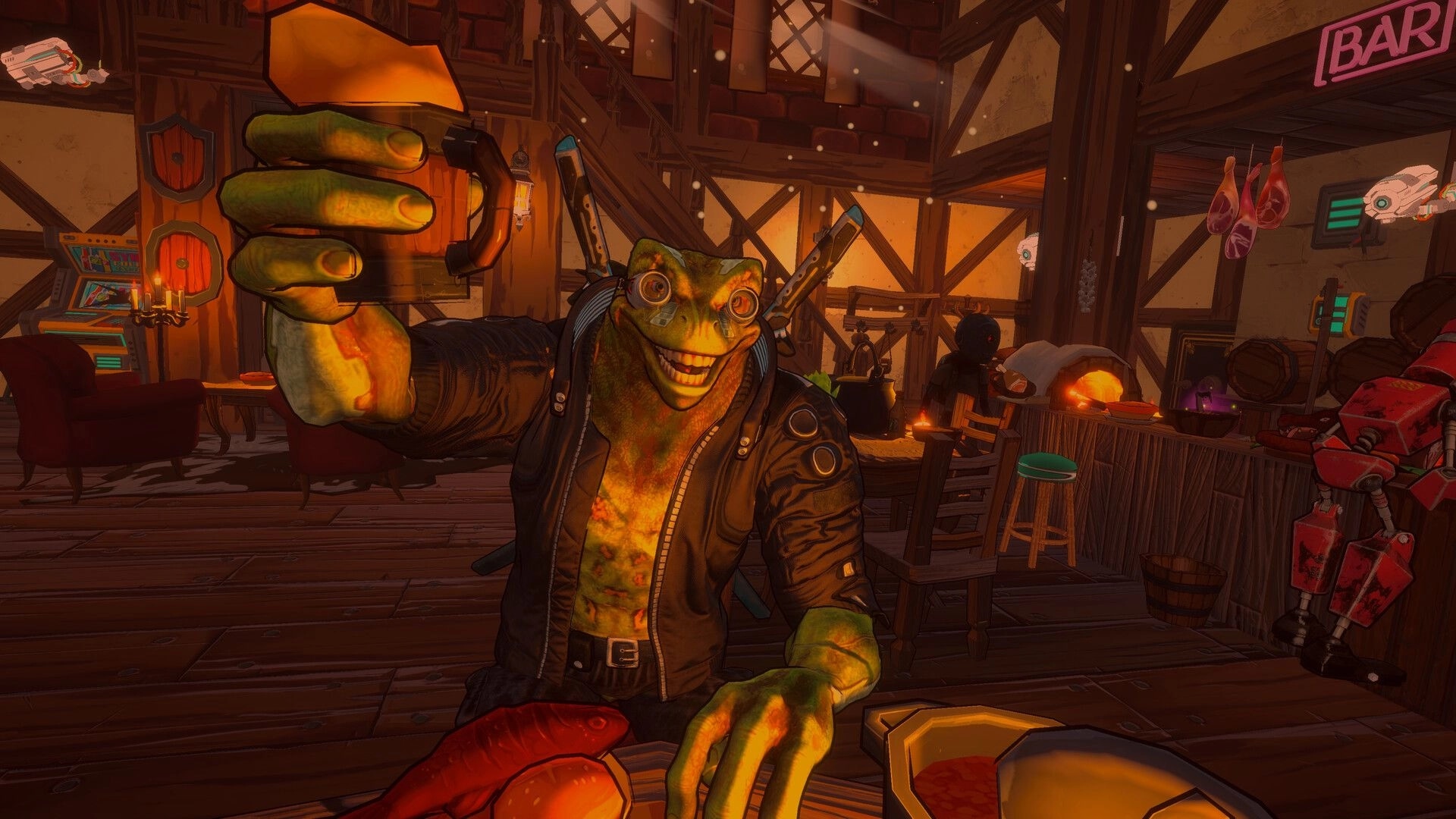 Crimson Furnace: Grinning lizard patron leans toward camera in a warm wooden bar with neon BAR sign.