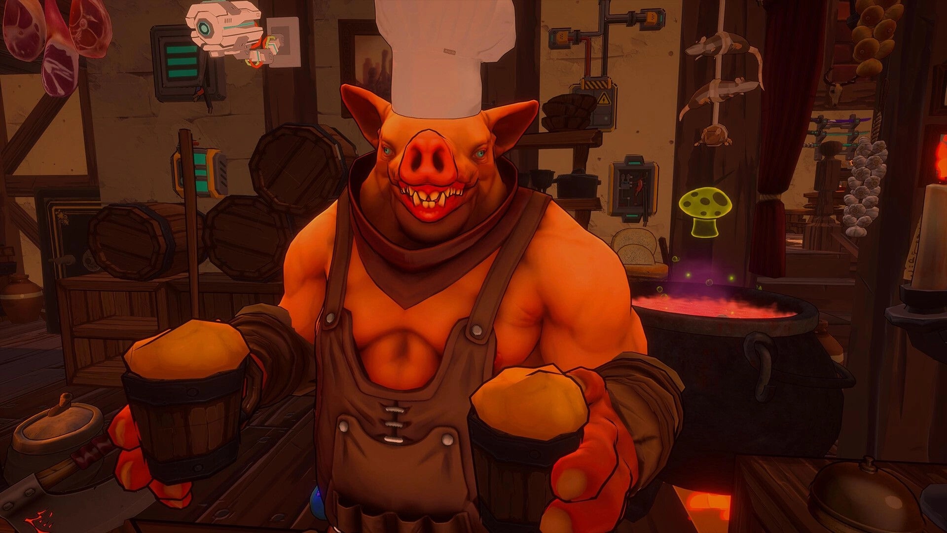 Crimson Furnace: Pig-faced chef offers two frothy mugs beside a bubbling cauldron in the kitchen.