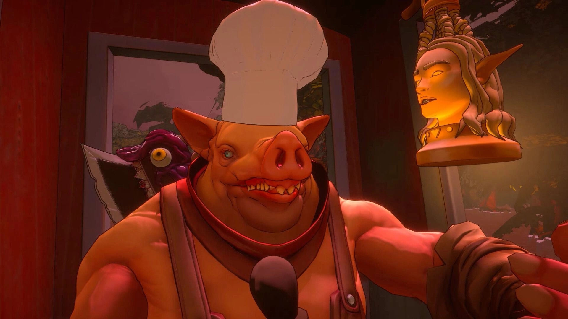 Crimson Furnace: Pig-faced chef in tall hat grins beside eerie bust and purple creature indoors.