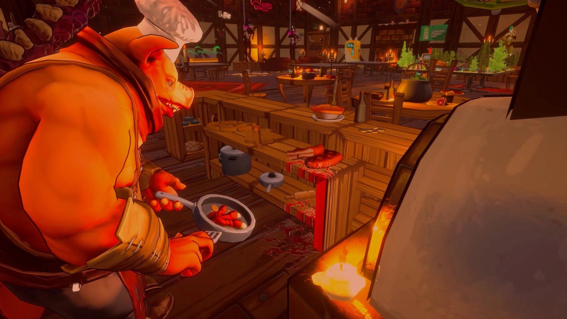 Crimson Furnace: Pig-faced chef cooks in a pan by a blazing oven inside a candlelit tavern kitchen bar.