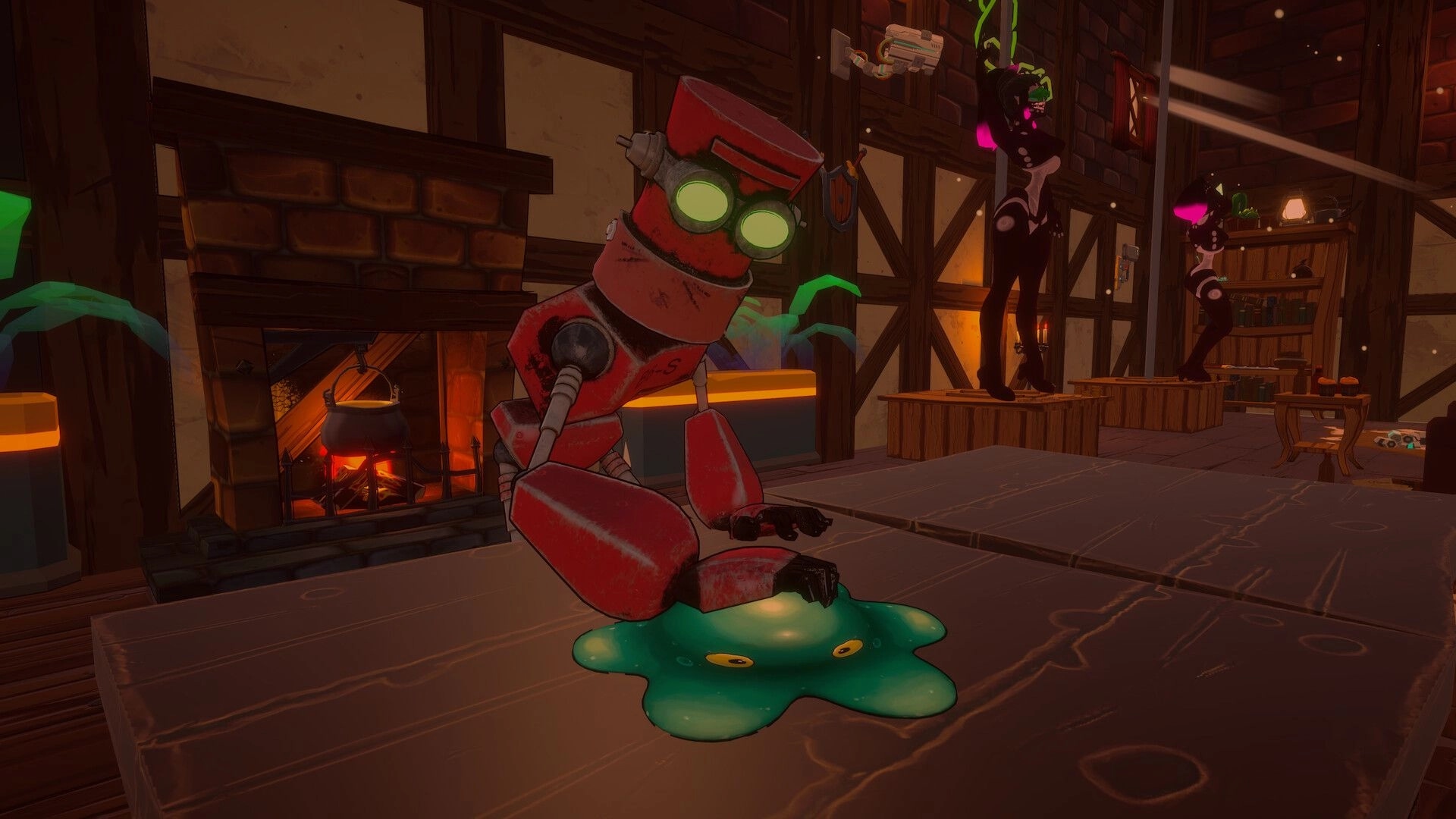 Crimson Furnace: Red robot slumped on a green slime puddle inside a warm tavern with fireplace and bar.