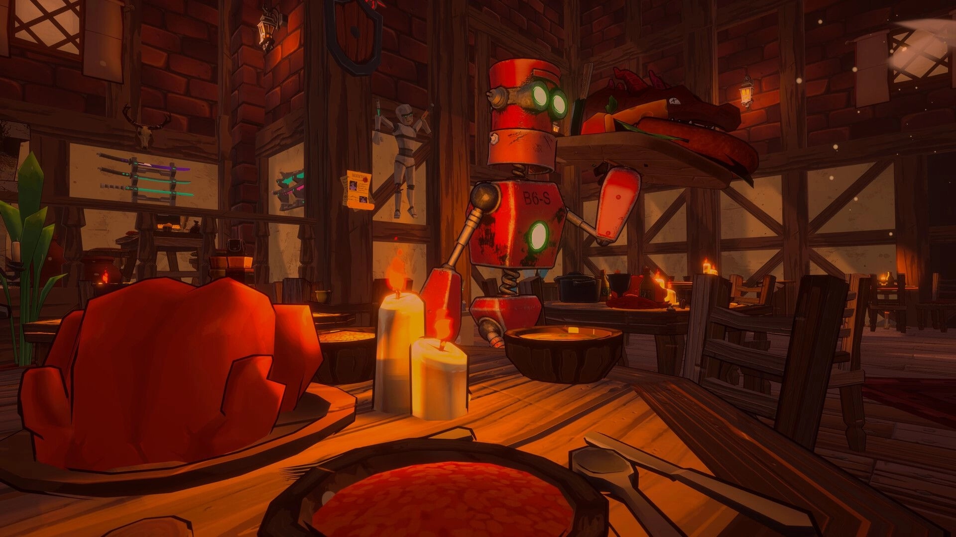 Crimson Furnace: Red robot server carries a tray past candles and tables inside a wooden tavern hall.