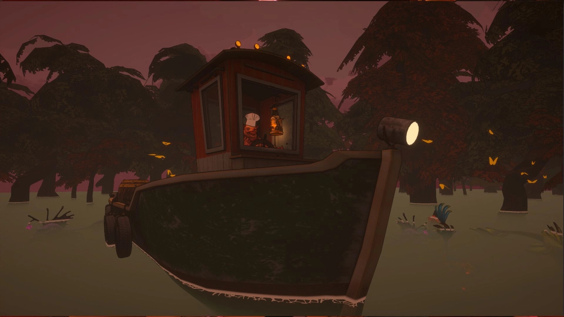 Crimson Furnace: Chef drives a swamp boat past dark trees under purple sky, lantern in cabin window.
