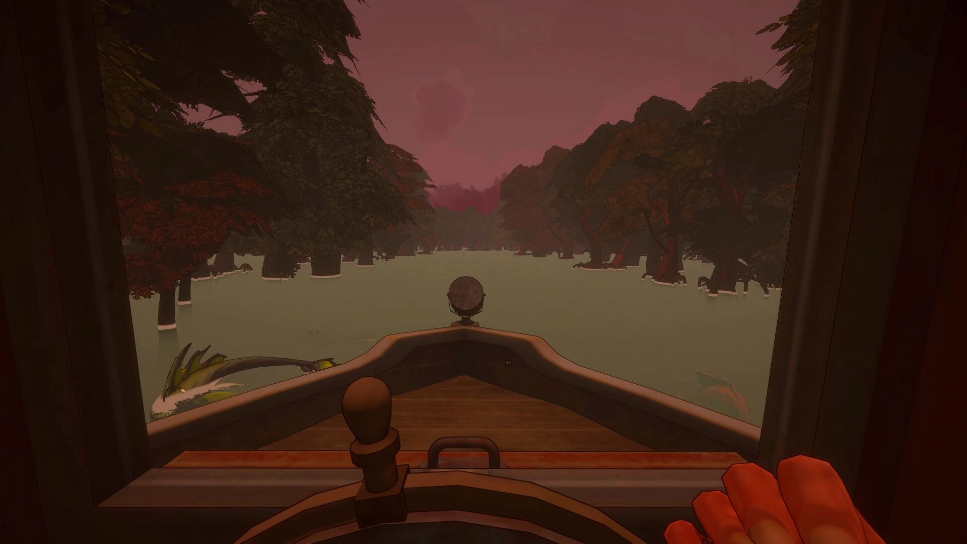 Crimson Furnace: First-person boat cockpit view cruising a swampy river between trees at dusk.