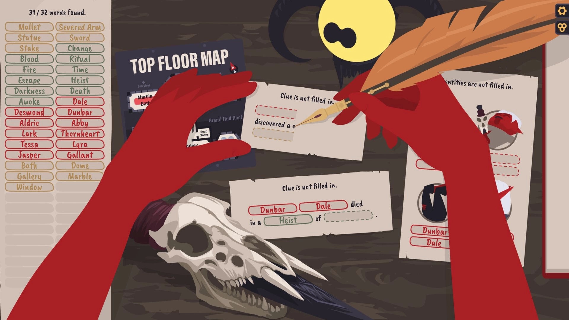 Crimson Seer: Red hands fill clues on cards with top floor map, surrounded by a skull and word list.