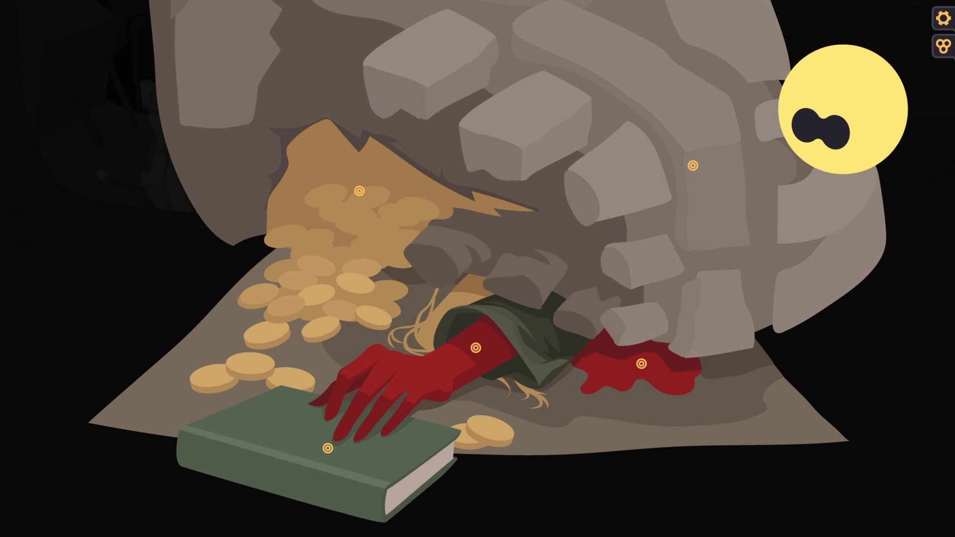 Crimson Seer: Red-gloved hand under rubble with scattered coins and a book in dimly lit cavern setting
