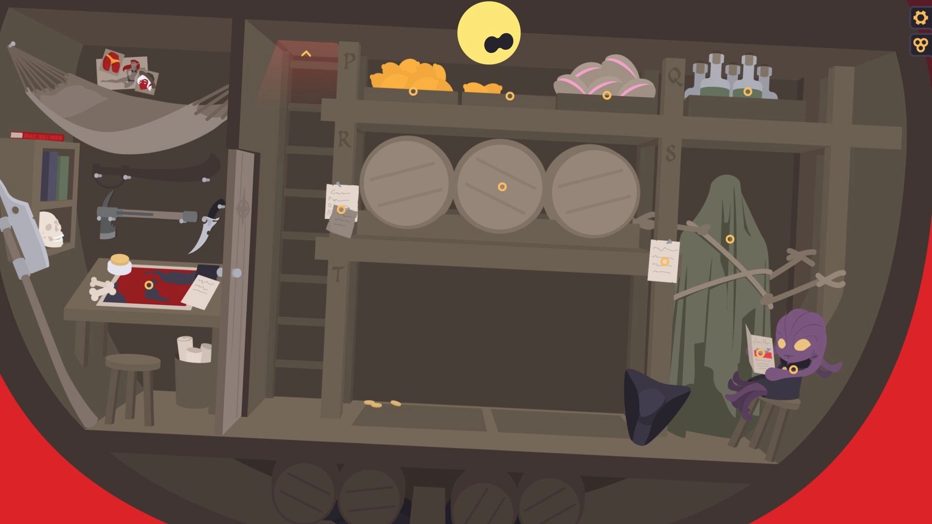 Crimson Seer: Detective's underground lair with clues, weapons, and mysterious figure in purple cloak.
