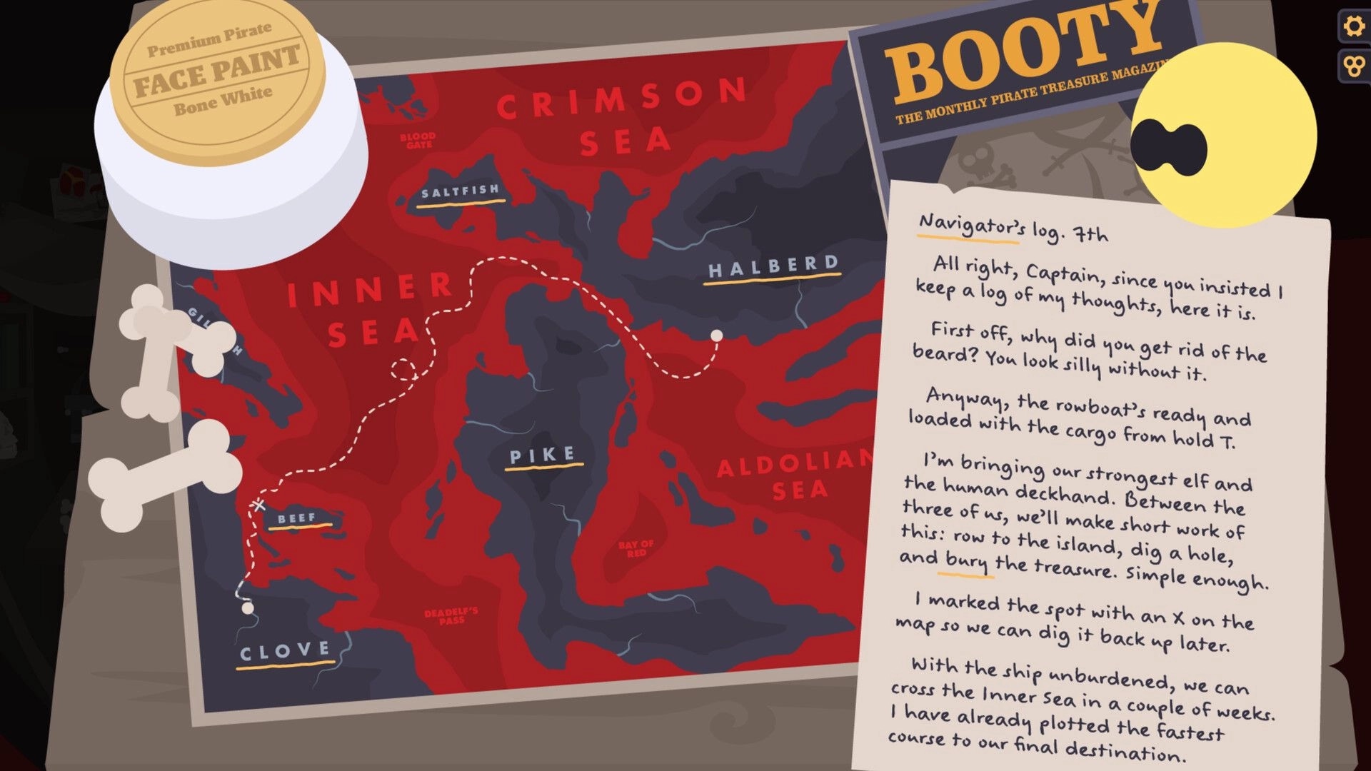 Crimson Seer: Pirate map with dotted route, bones, log notes, and "Booty" magazine on wooden table