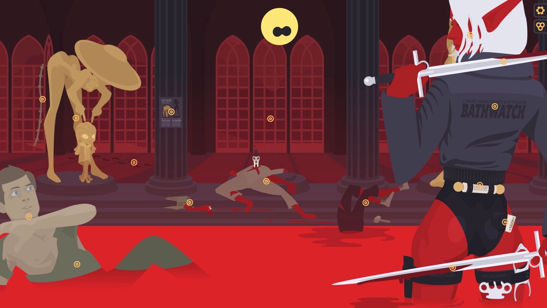 Crimson Seer: Red-skinned elf with sword surveys eerie ritual chamber with statues and blood-red floor