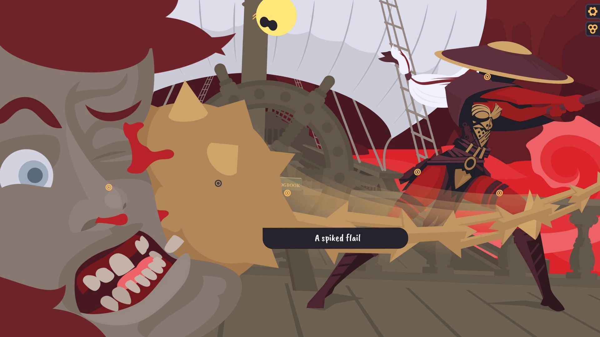 Crimson Seer: A masked warrior swings a spiked flail on an airship deck with sails and wooden wheel.