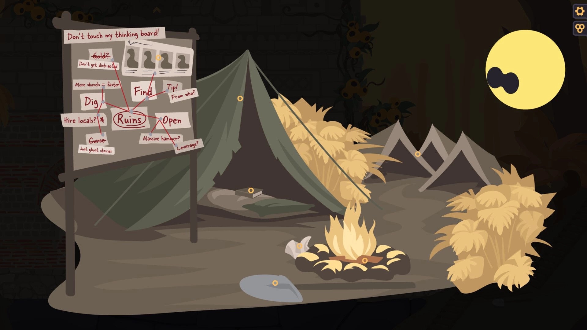 Crimson Seer: Investigation board near campsite with notes and diagrams under a crescent moon sky