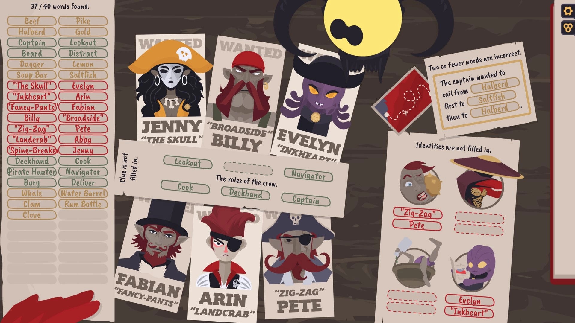 Crimson Seer: Puzzle interface with crew roles, wanted posters, and unsolved identity clues on a wooden table