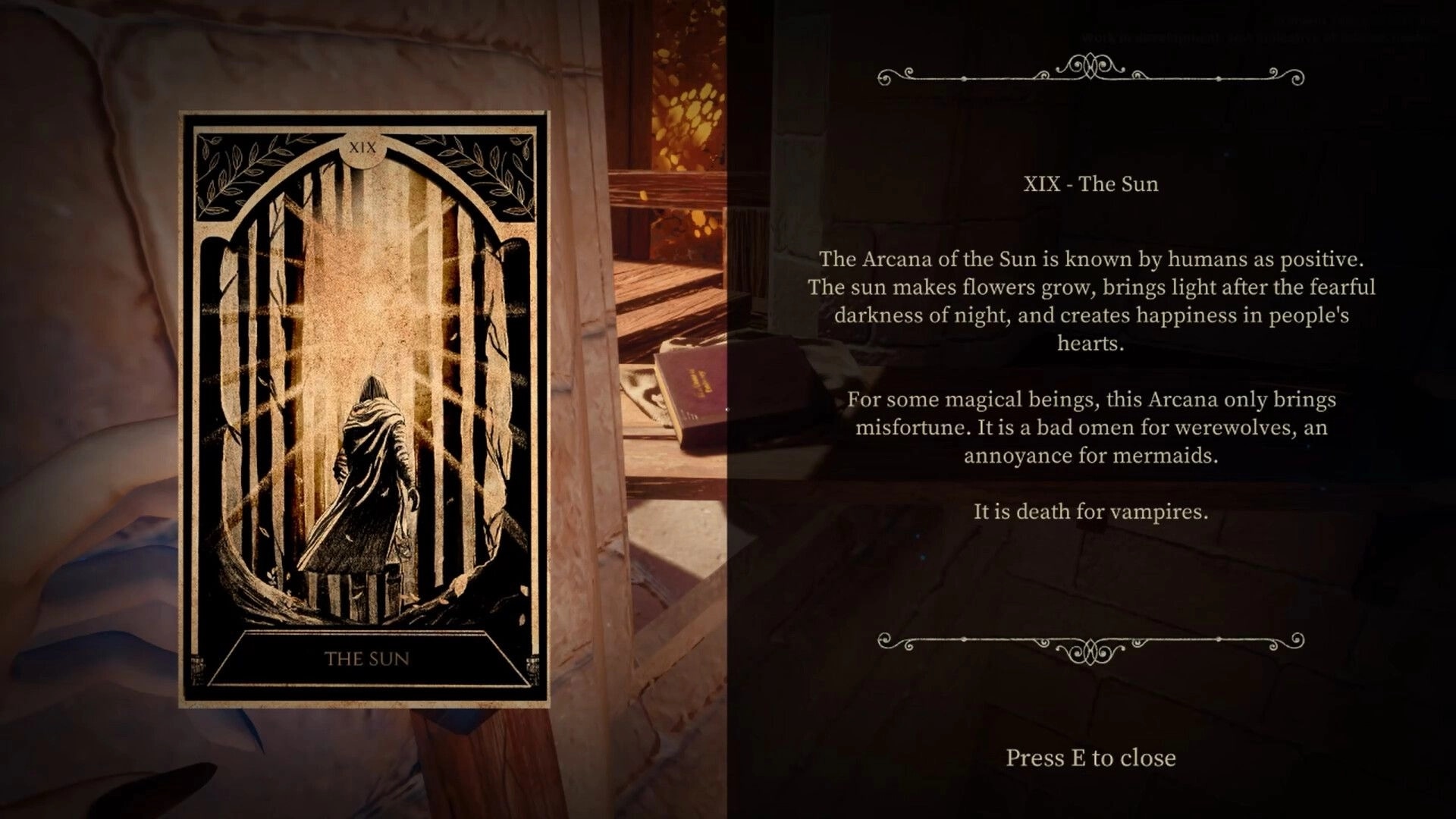 Crimson Tale: Tarot card 'The Sun' with text about its effects, displayed in a wooden room setting.