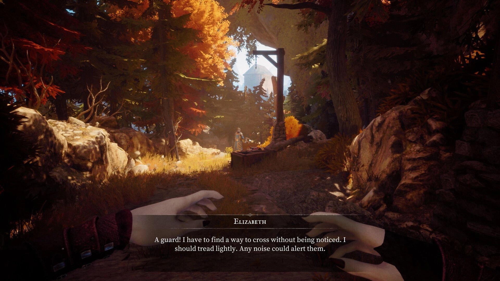 Crimson Tale: Elizabeth stealthily approaches a guard in an autumn forest, avoiding detection at all costs.