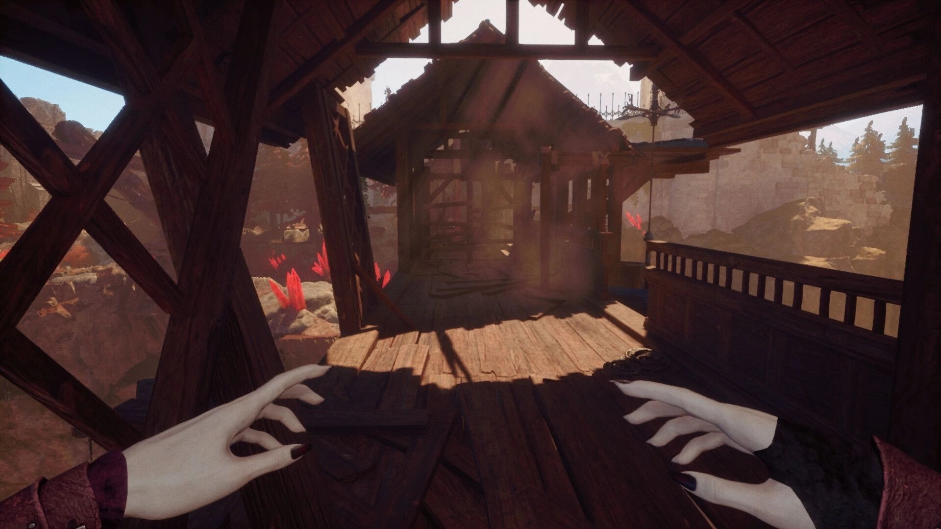 Crimson Tale: Elizabeth's hands visible in shadowy wooden bridge, avoiding sunlight through gaps.