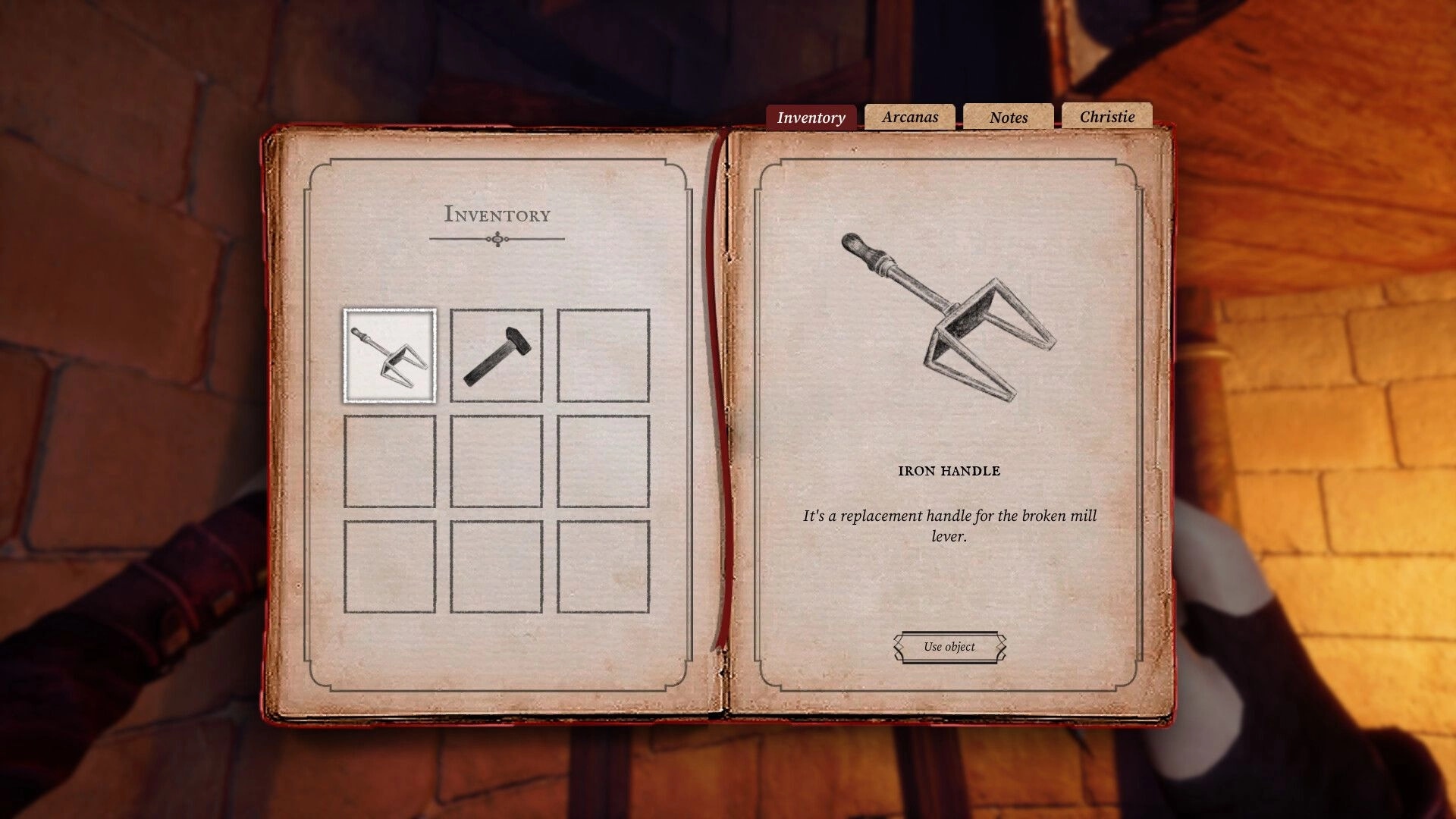 Crimson Tale: Inventory menu with iron handle description against brick wall background