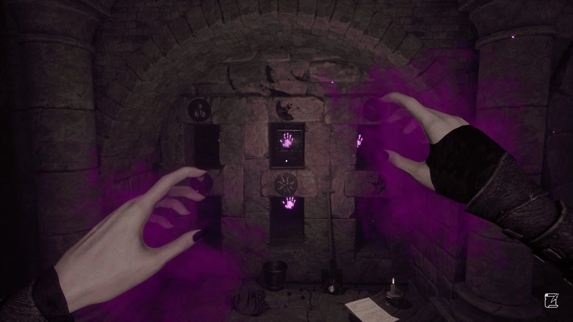 Crimson Tale: Elizabeth uses blood magic with glowing handprints on stone wall in dim crypt setting.