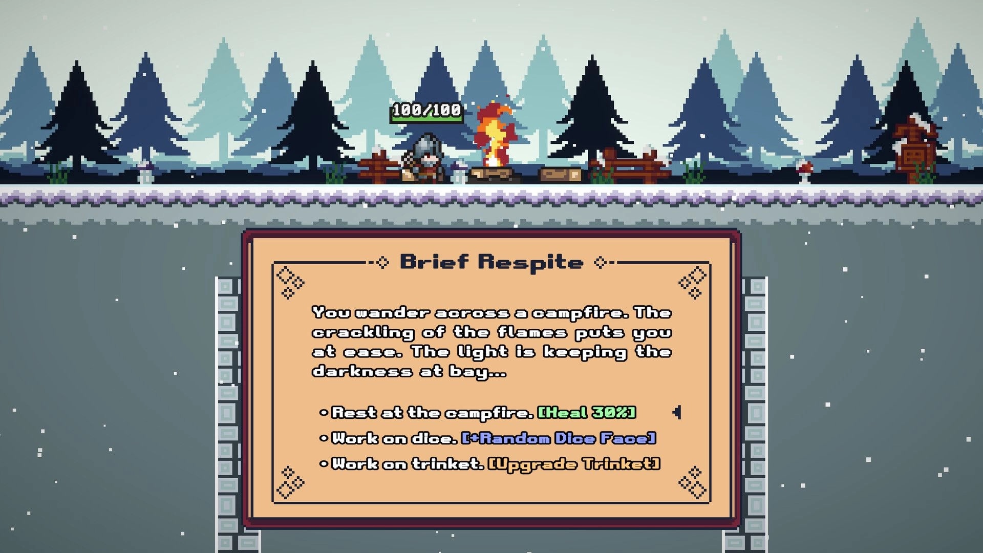 Crit Happens!: Player rests by a campfire in snowy forest with options to heal, dice work, or trinket upgrade.