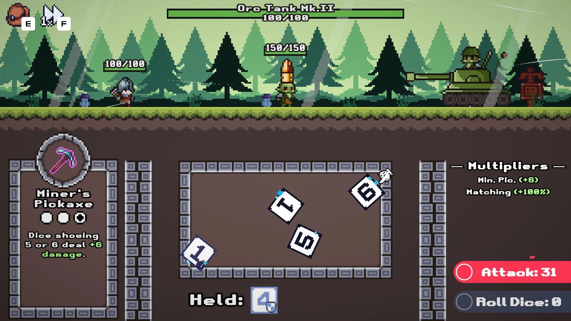 Crit Happens!: Battle against Orc Tank Mk.II with dice roll interface in a forest environment.