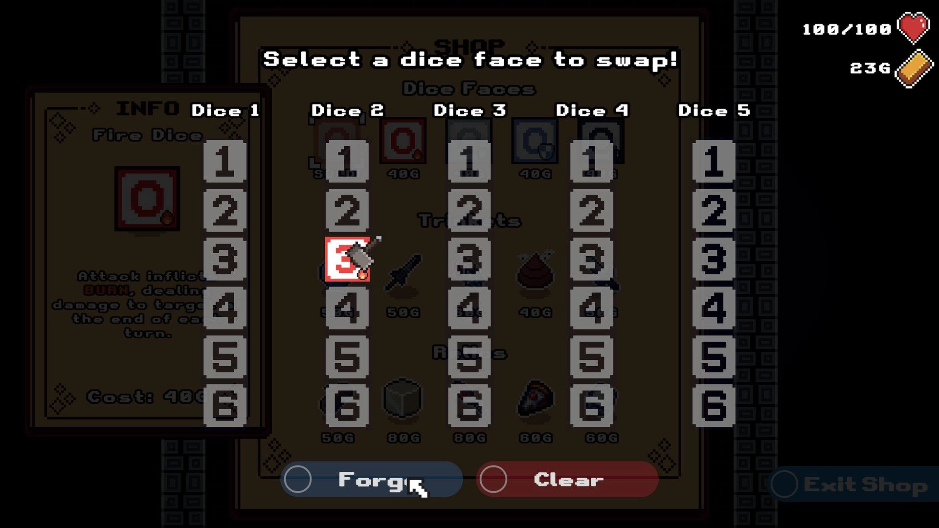 Crit Happens!: Dice customization menu with various dice faces and trinkets in a shop setting.
