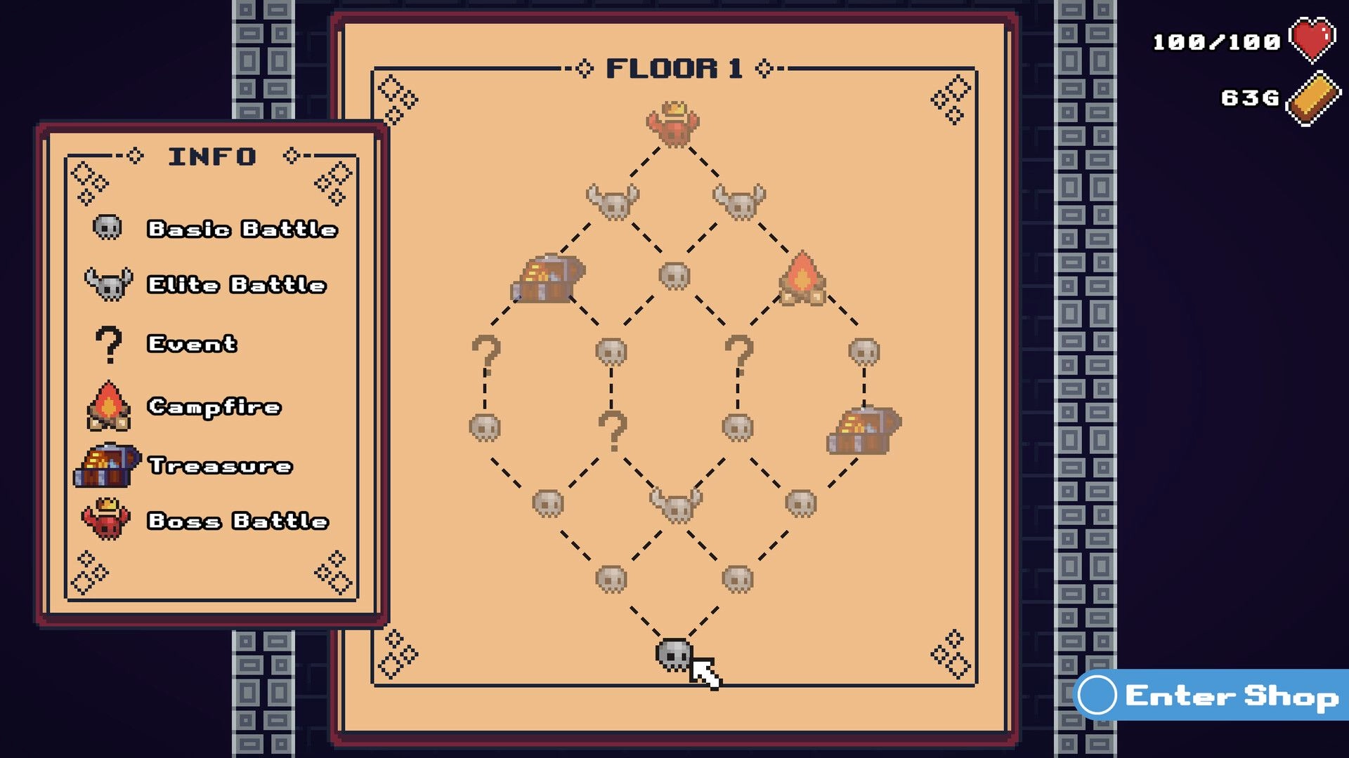 Crit Happens!: Floor 1 map with path options, info panel, and shop button on a dungeon background