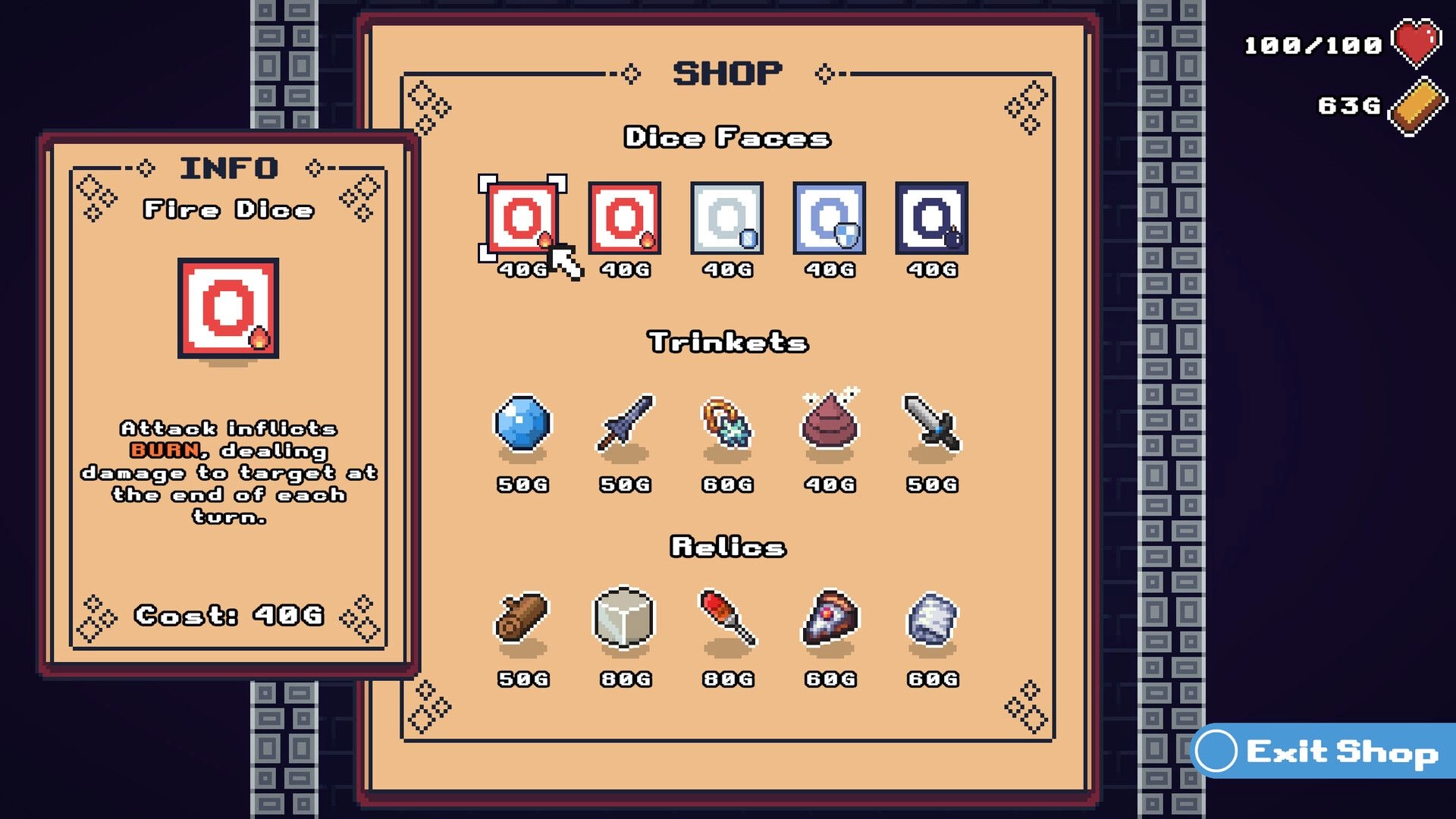 Crit Happens!: Shop interface displaying dice faces, trinkets, and relics with prices and stats shown.