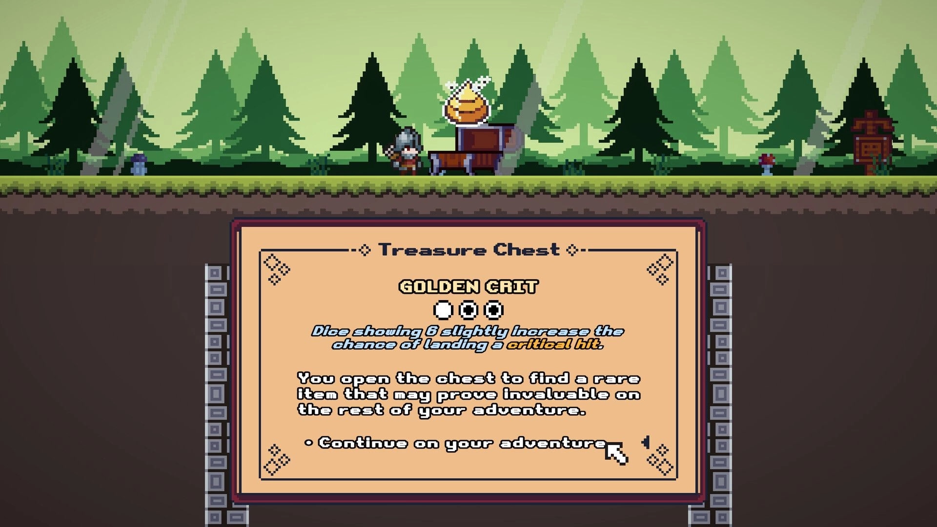 Crit Happens!: Player finds Golden Grit in treasure chest, forest background with trees visible