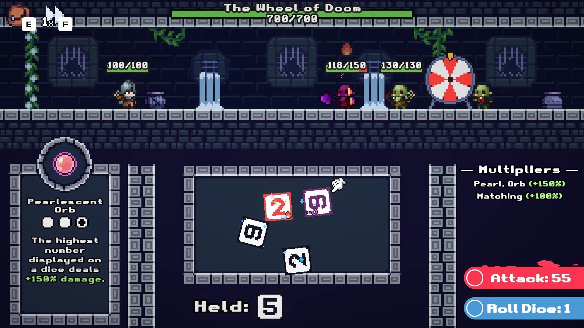 Crit Happens!: Player faces enemies in dungeon, rolls dice for attack with multipliers and health shown.