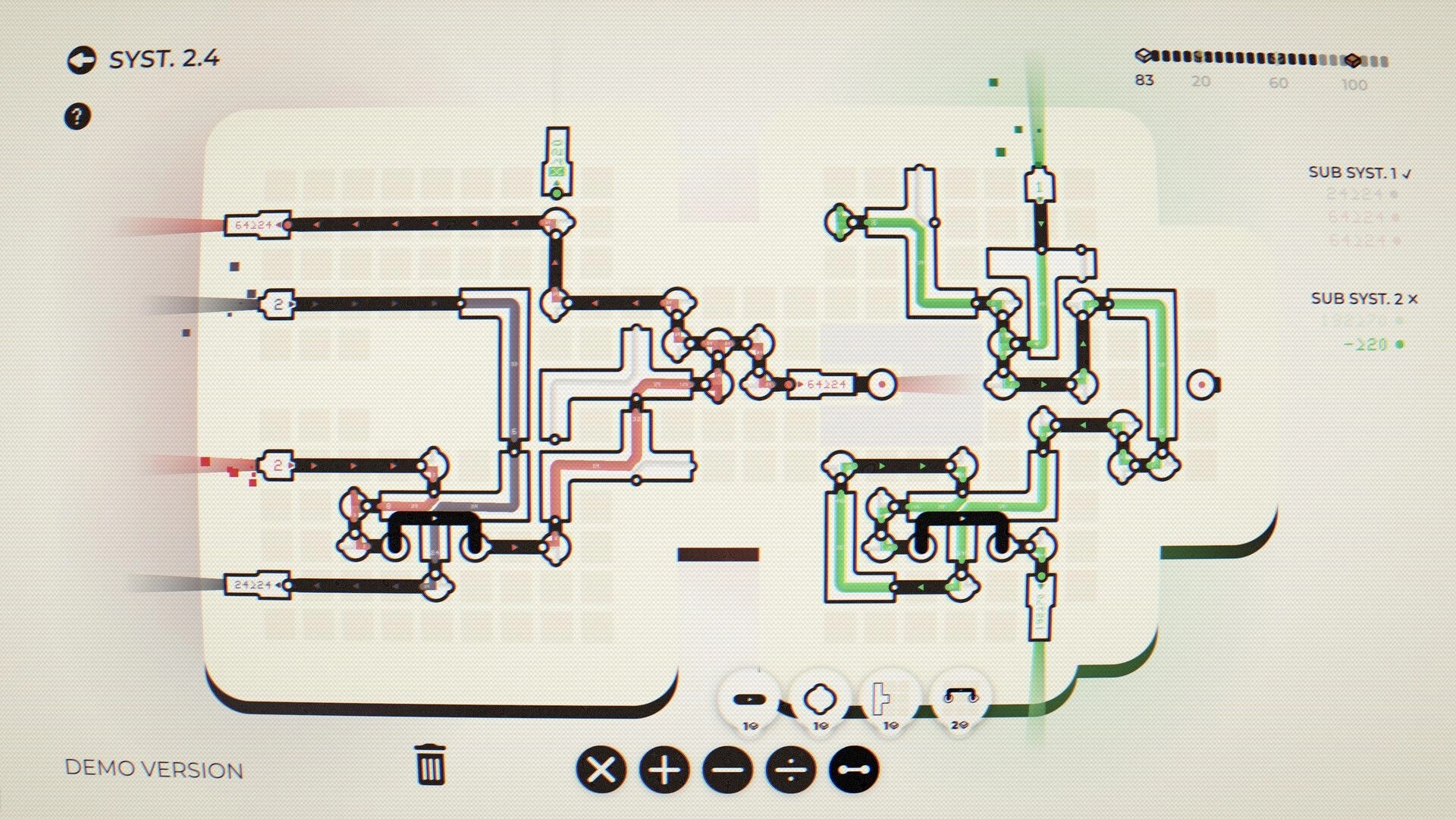 Criterion: Routing colored flux through pipe networks with nodes and splitters on a minimalist grid UI.
