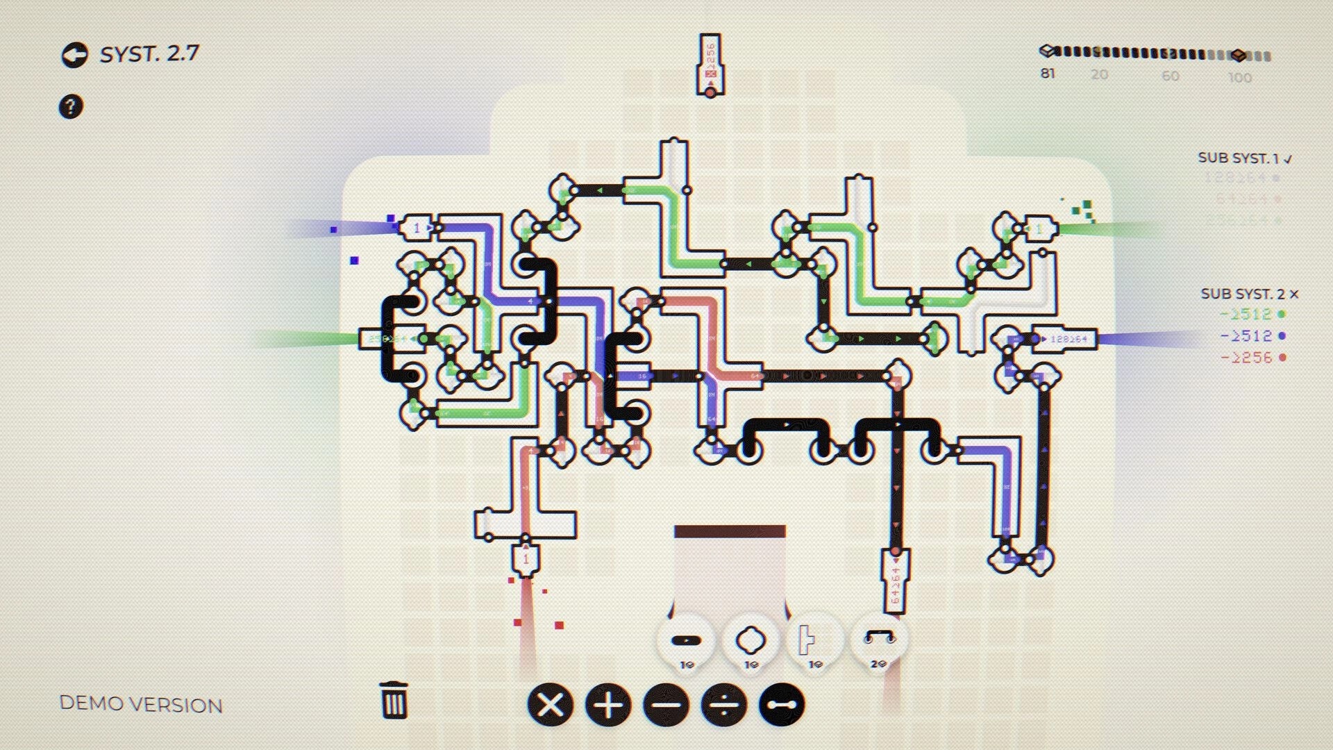Criterion: Complex color flux routing network with splitters and meters on a pale grid puzzle board.
