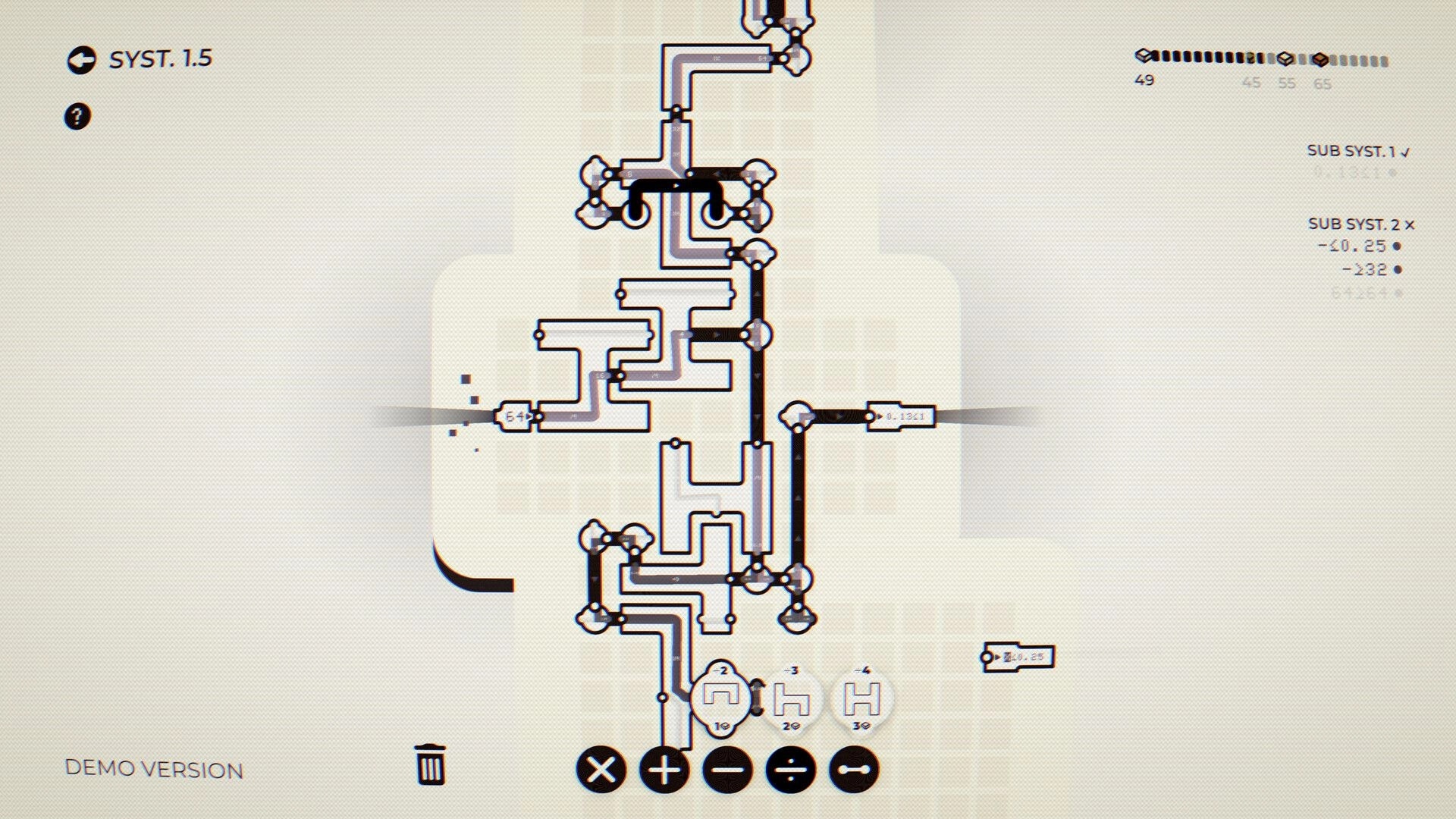 Criterion: Flux pipe network puzzle with splitters and meters, sub system stats on grid backdrop.