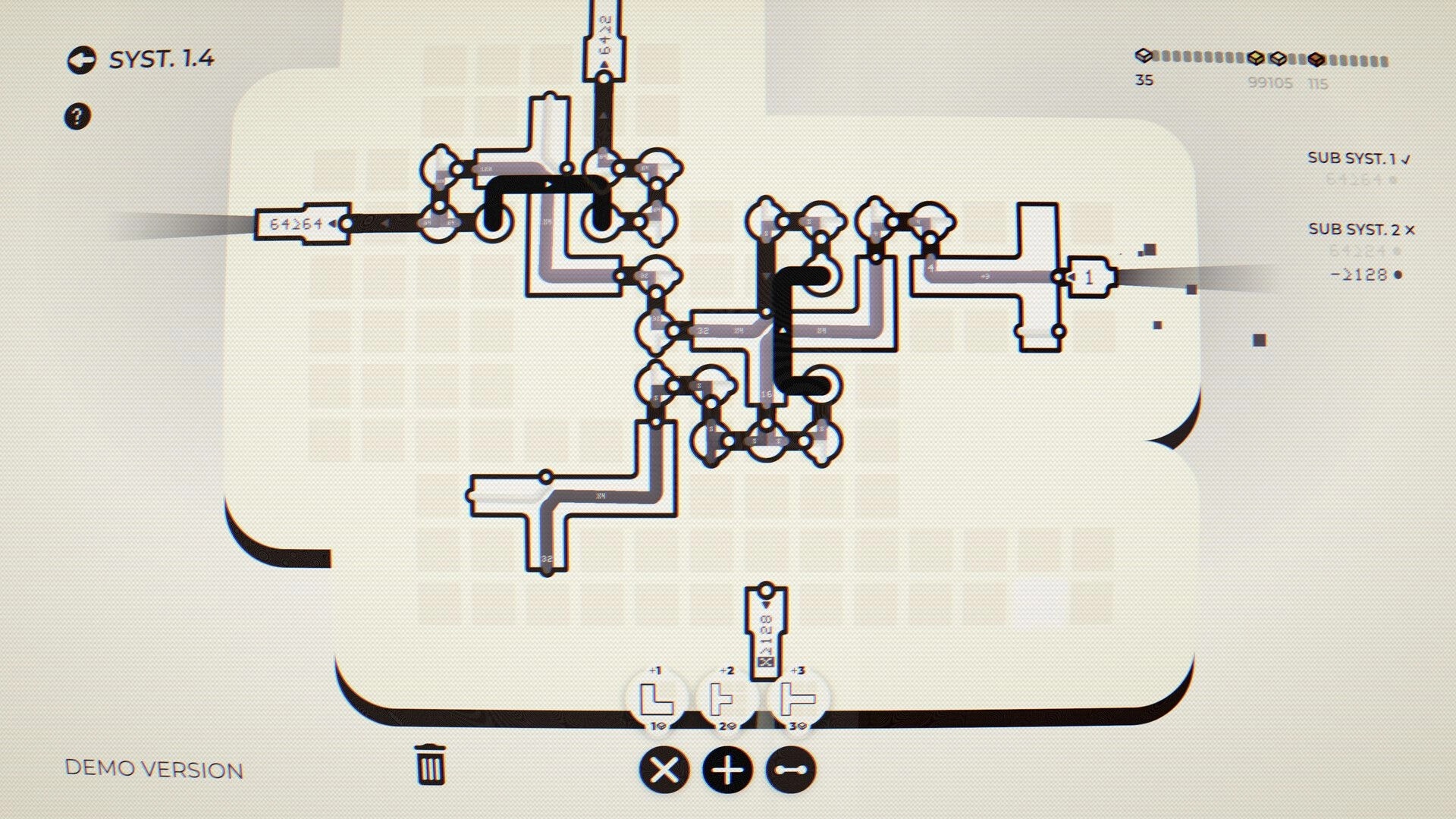 Criterion: Complex pipe network puzzle with flux nodes and subsystem scores on a pale grid board.