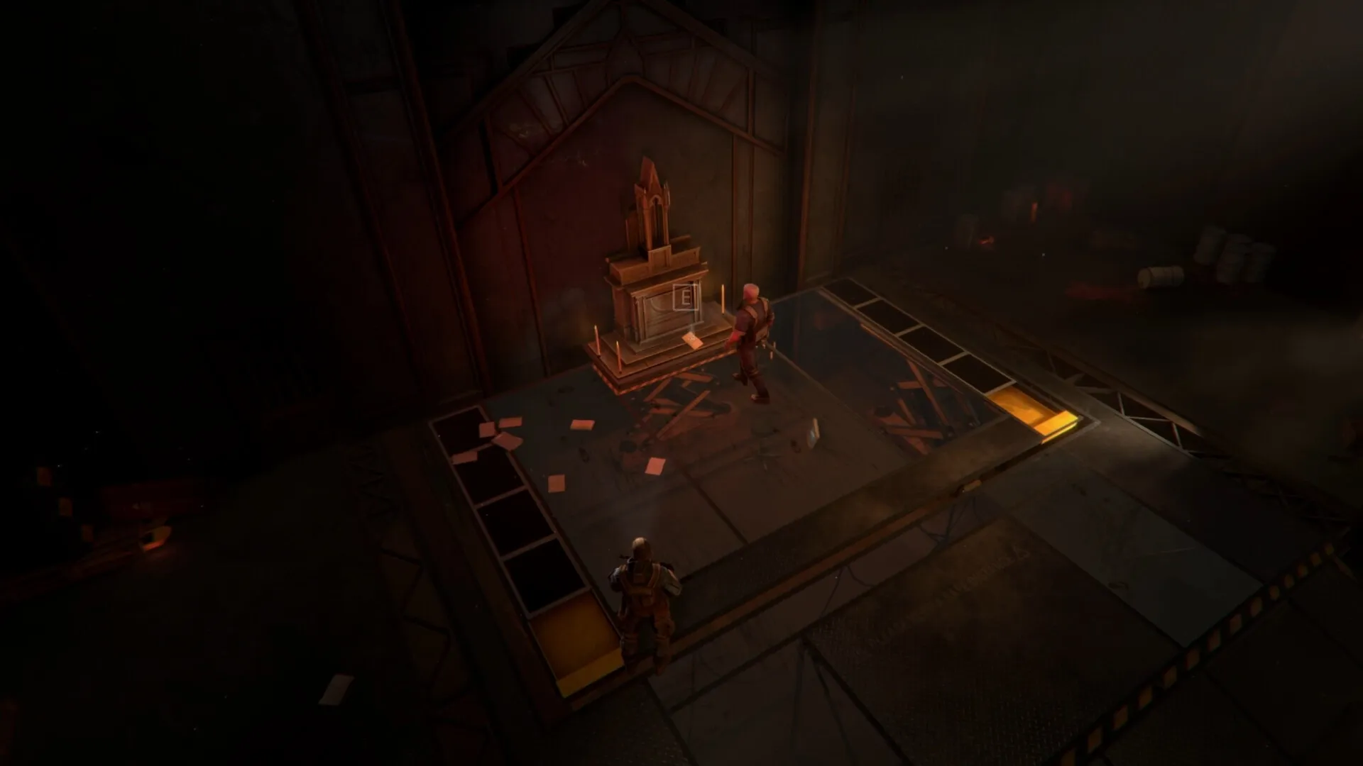 Critical Shift: Two characters in a dimly lit room with an altar and scattered papers, ready for action.