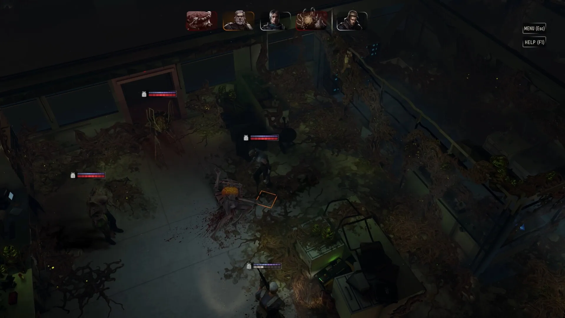 Critical Shift: Tactical combat in a dimly lit, overgrown lab with characters and enemy health bars visible