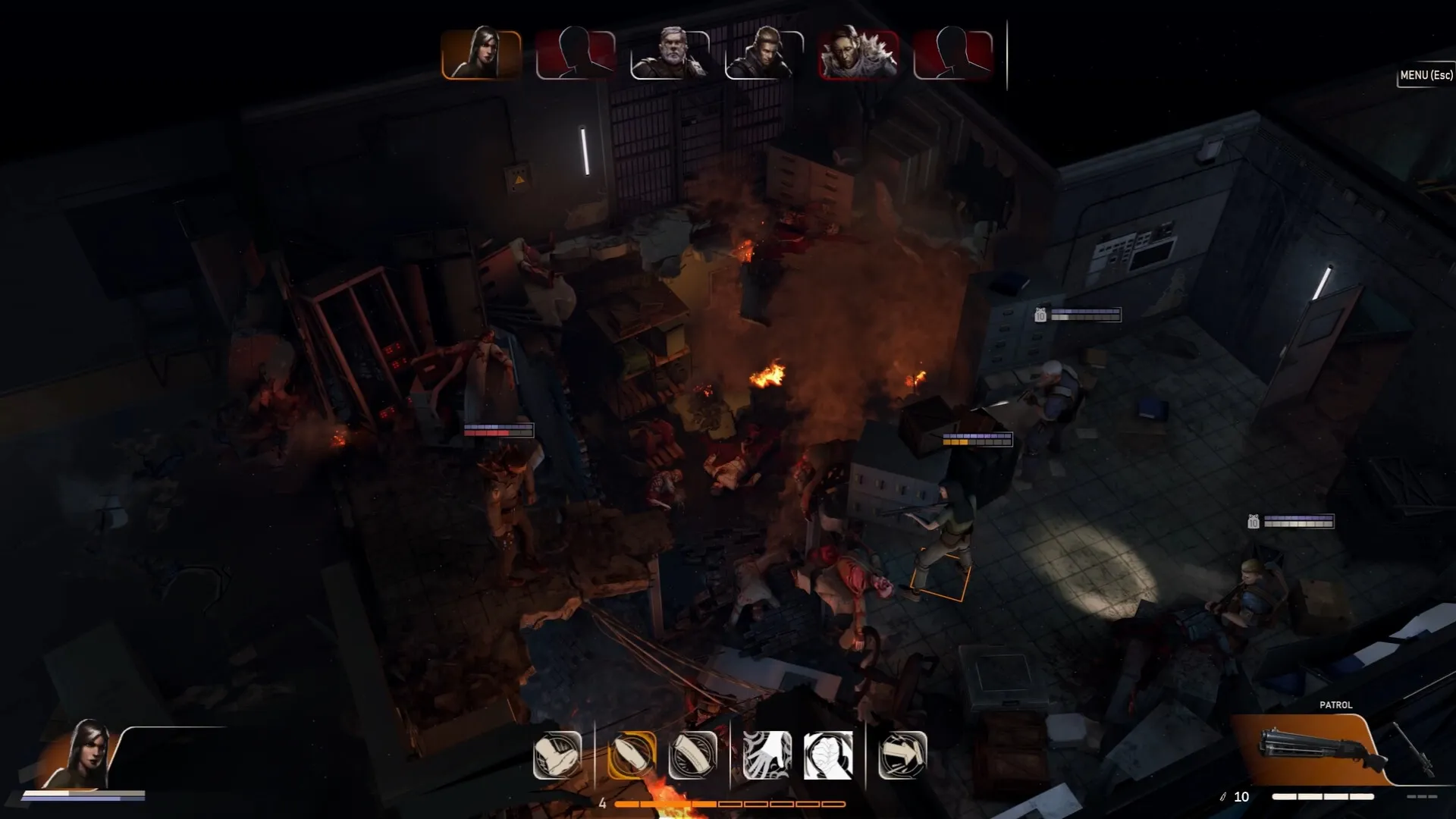 Critical Shift: Tactical combat in a dimly lit room with burning debris and character health bars visible.