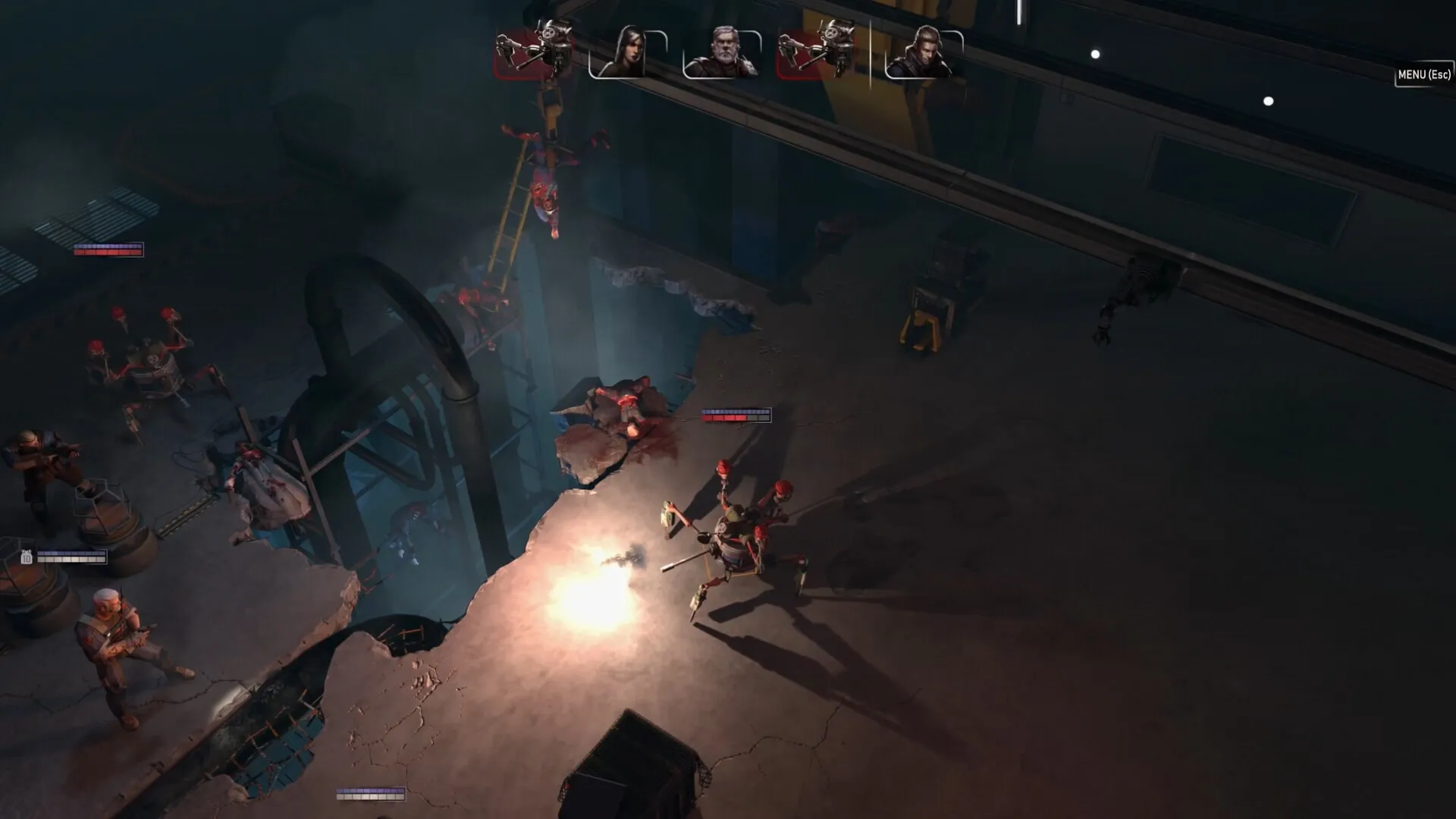 Critical Shift: Tactical combat scene with characters battling robotic enemies in an industrial facility