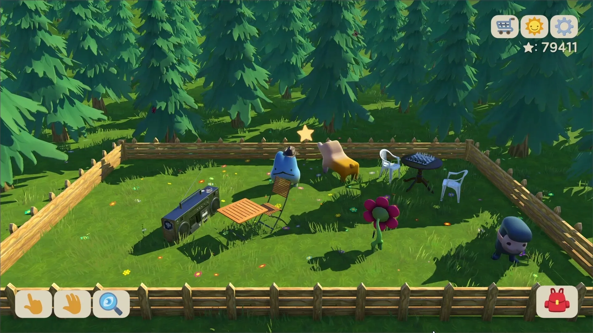 Critter Caboodle: Quirky critters in fenced forest area with chairs, table, and boombox on grass