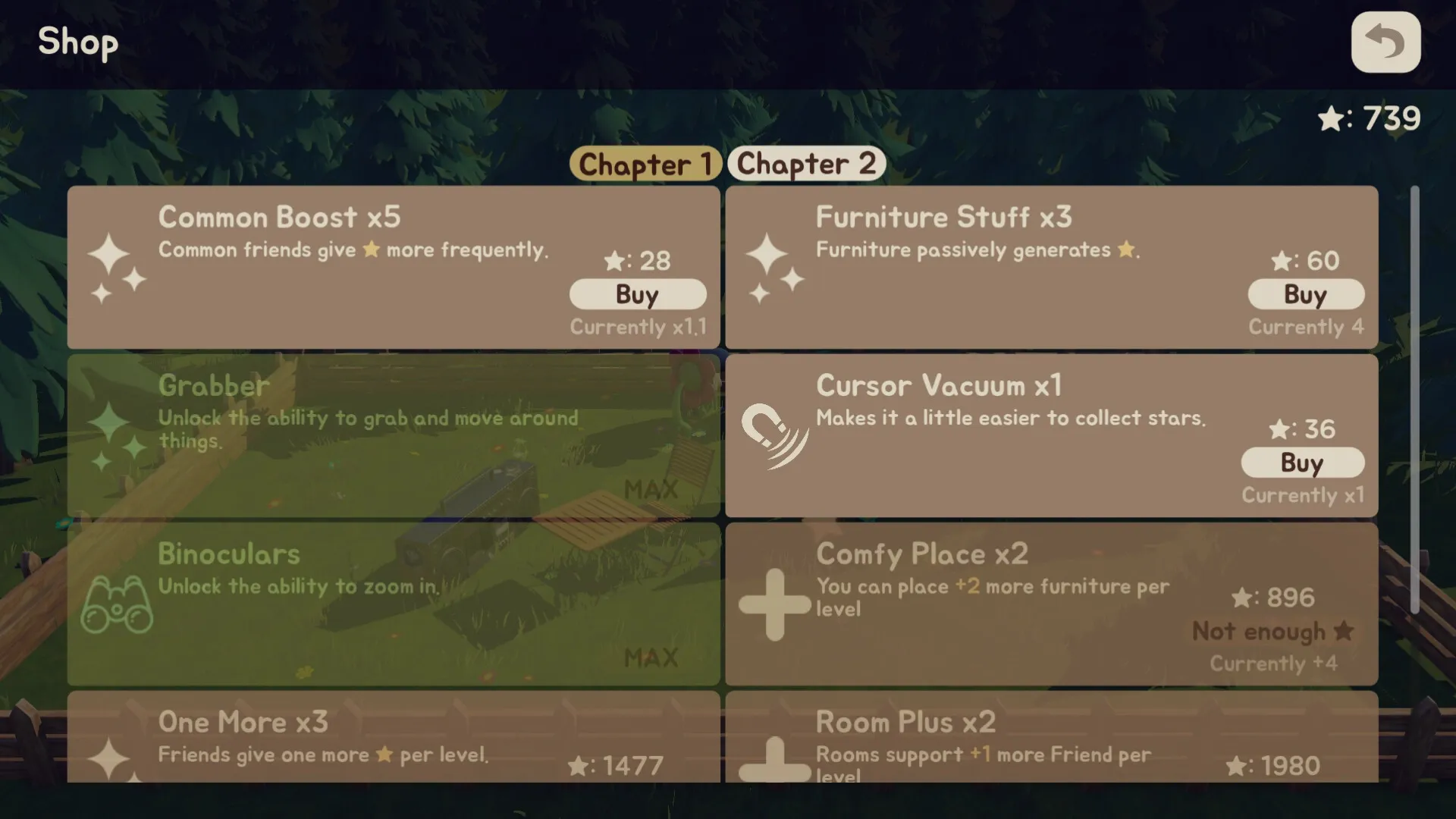 Critter Caboodle: Shop interface displaying upgrade options like Common Boost and Cursor Vacuum