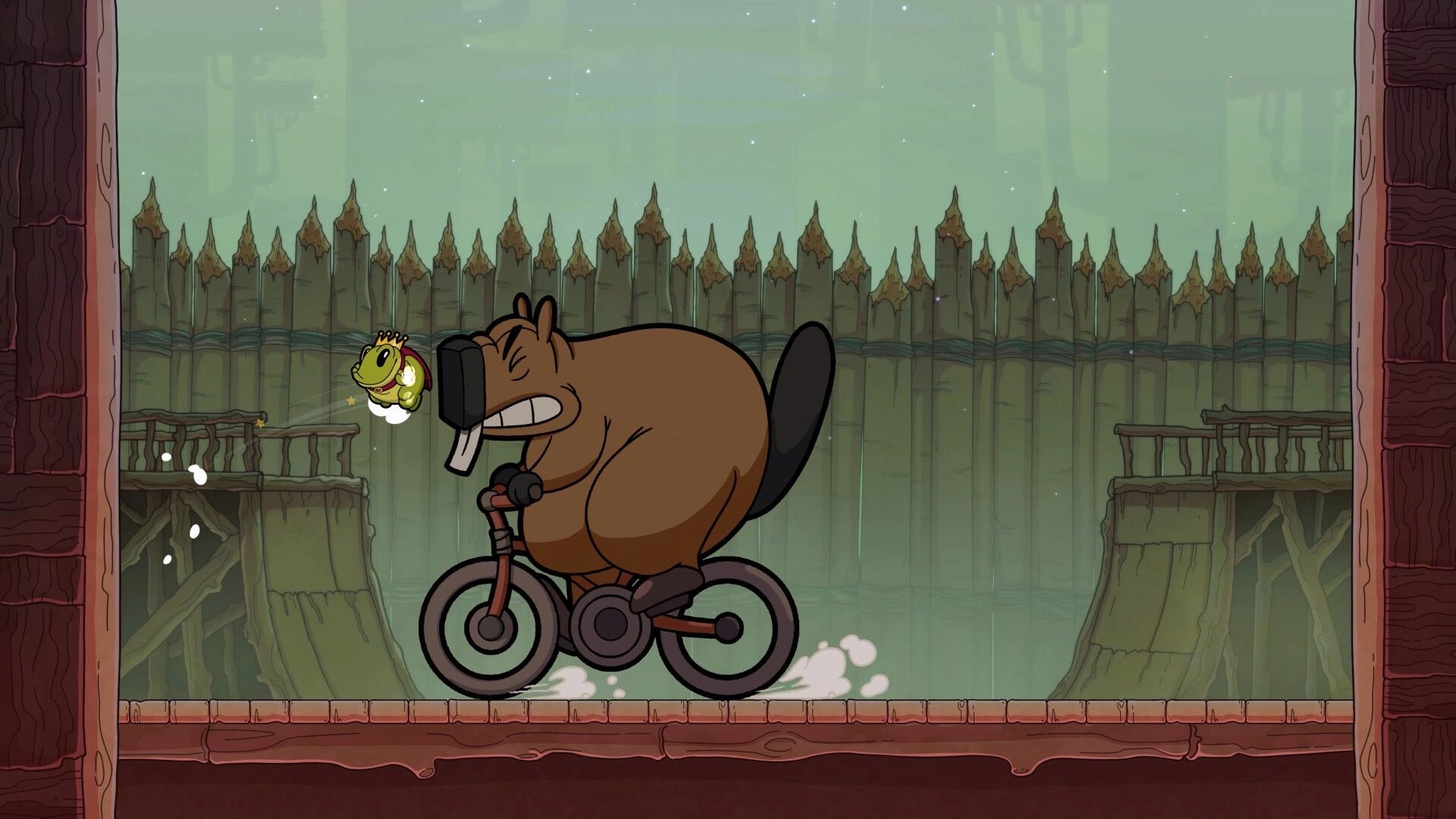 Croak: Frog with crown leaps over biking beaver in wooden arena with towering spiked fence backdrop