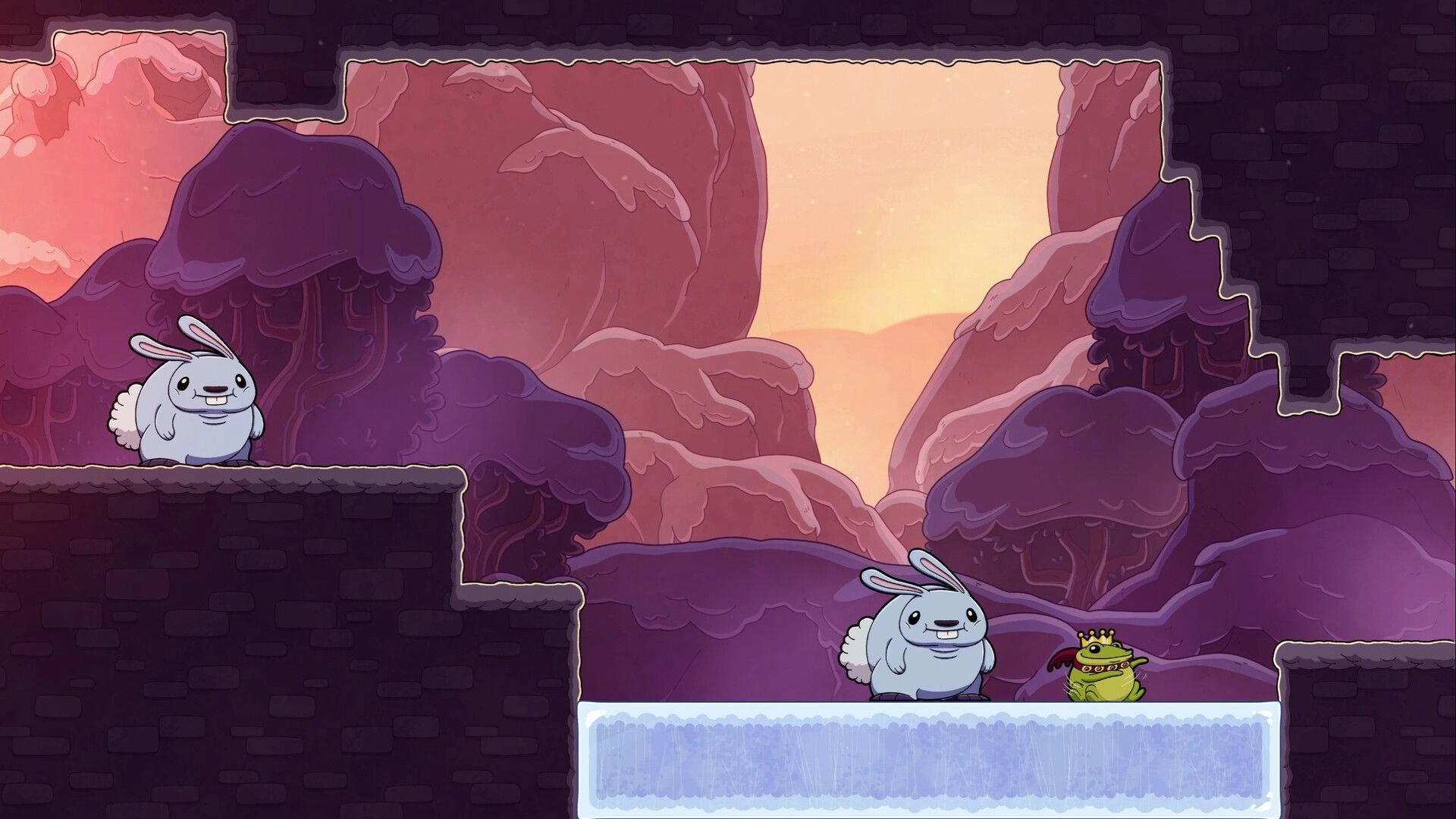 Croak: Frog faces off against a large rabbit on icy platform in a whimsical, pink-hued canyon setting.