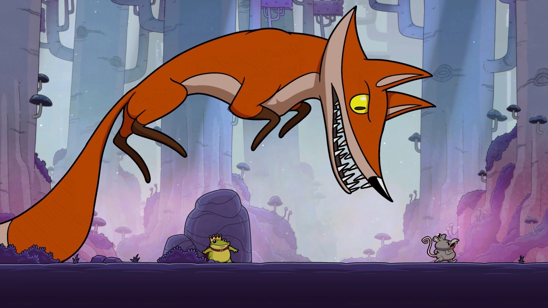 Croak: Giant fox leaps over crowned frog in mystical forest with mushrooms and towering trees