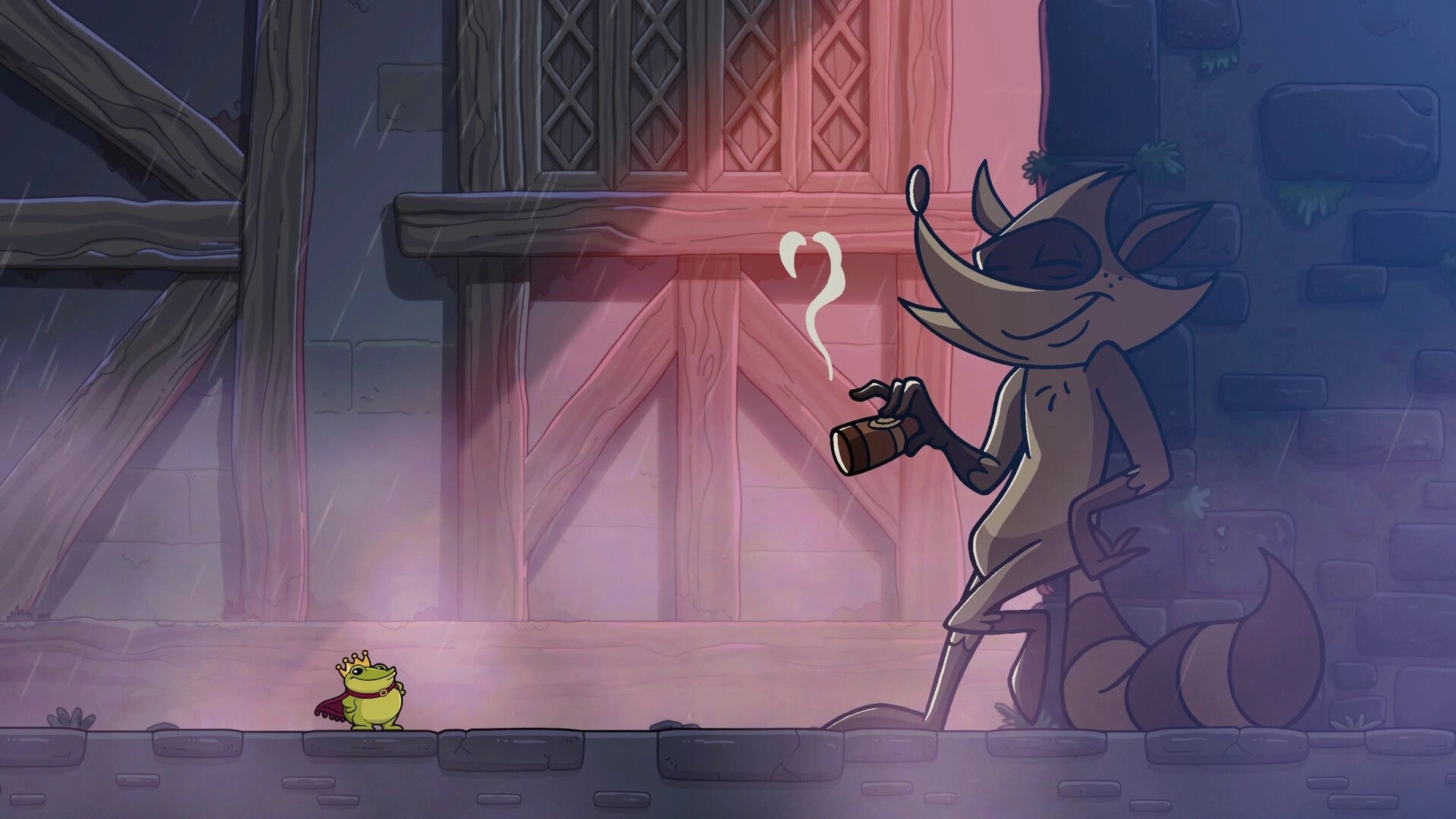 Croak: Frog facing fox enemy in misty alley with wooden doors and smoke, preparing for battle