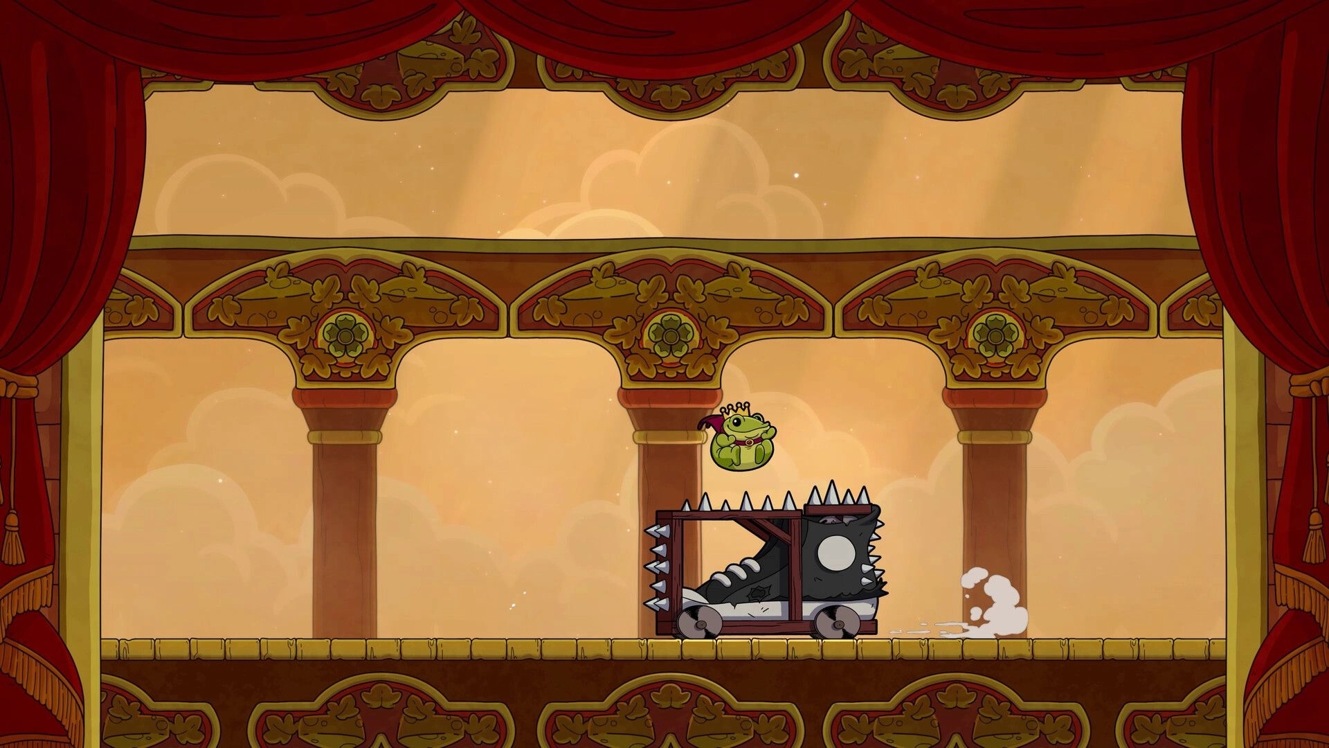 Croak: Frog jumps over spiked cart in ornate theater setting with red curtains and golden pillars.