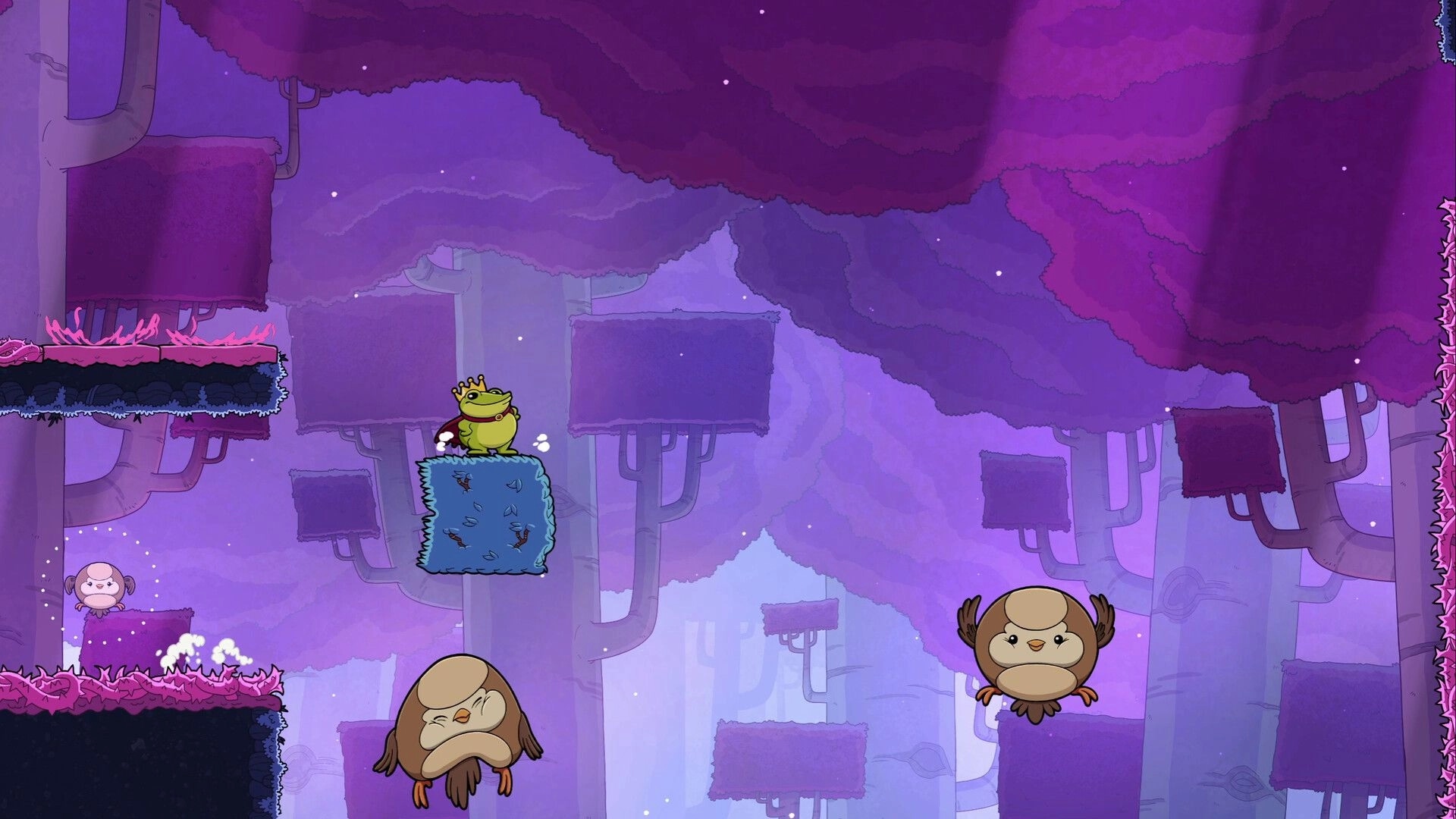 Croak: Frog with crown on blue platform in purple forest, surrounded by flying enemies in action scene