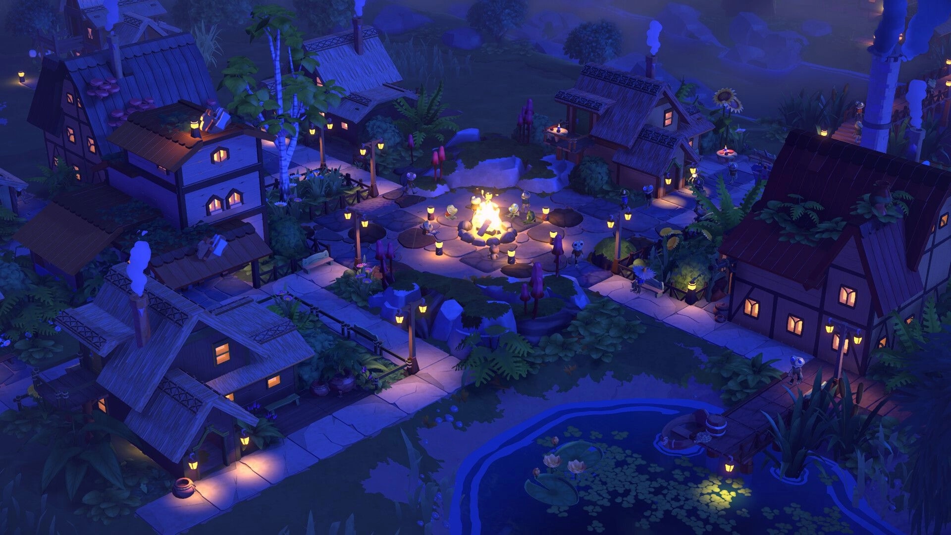 Croakwood: Frogs gather around a campfire in a cozy, lantern-lit village with lush plants and cottages.