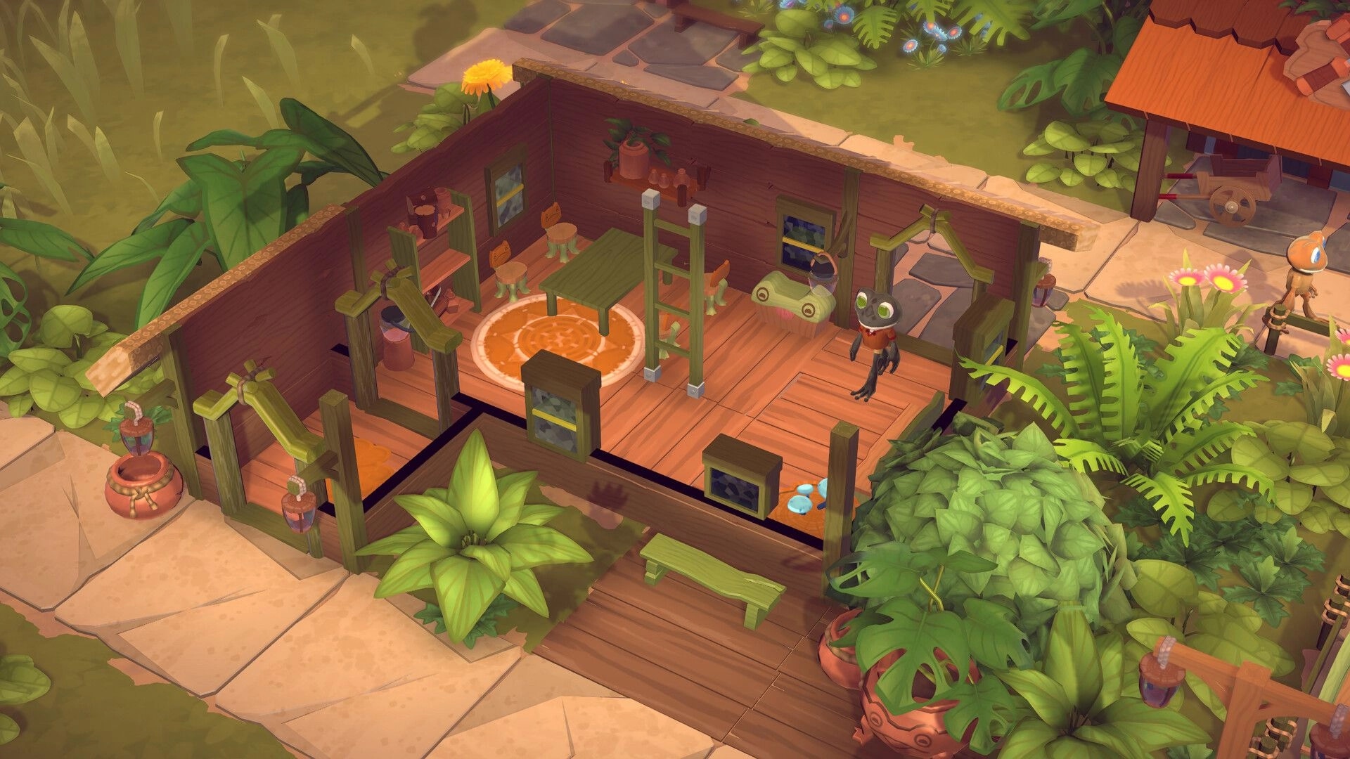 Croakwood: Frog character in a cozy, decorated wooden house surrounded by lush greenery and plants.