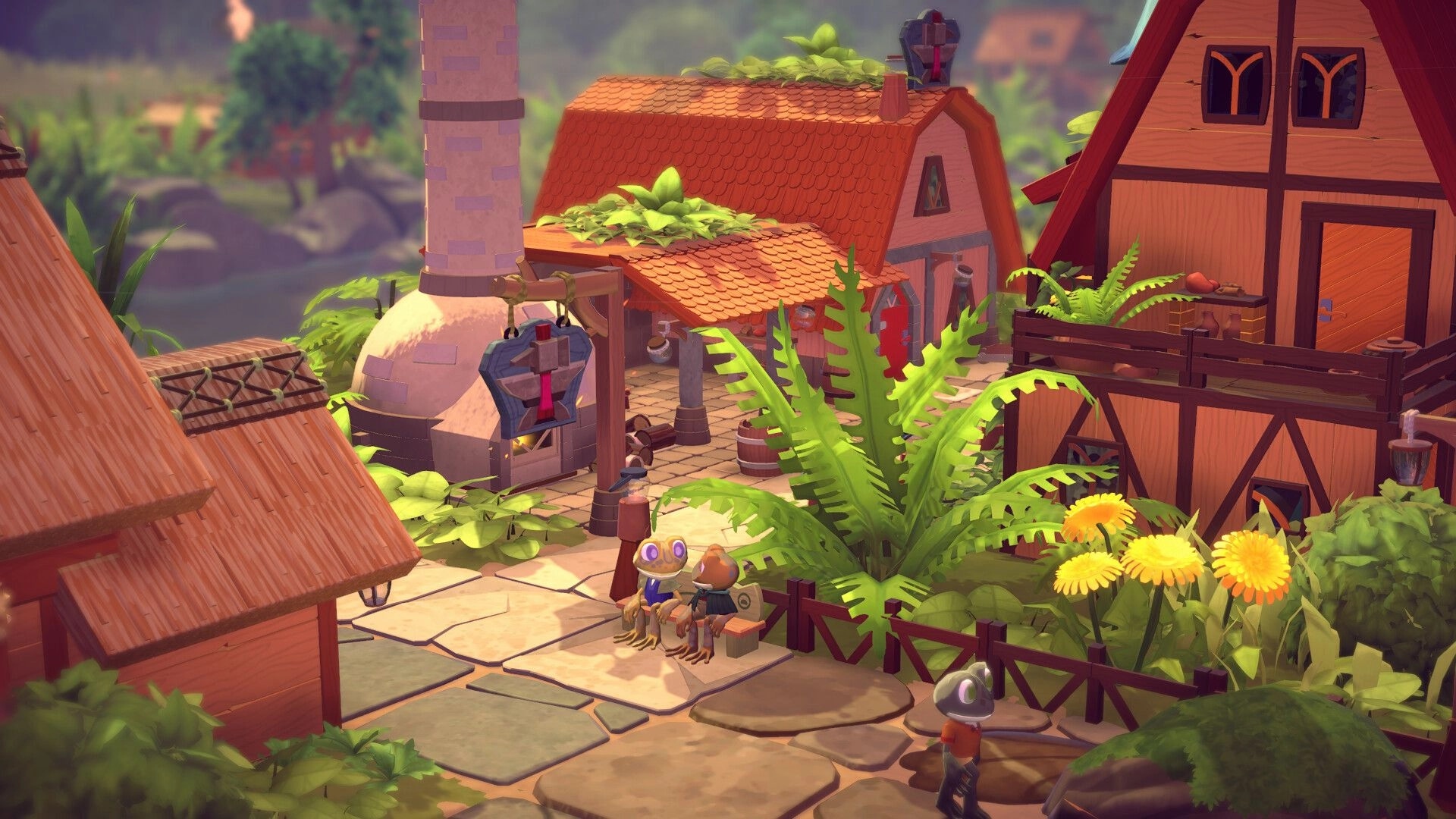 Croakwood: Frogs chatting on a village pathway surrounded by lush plants and quaint wooden houses