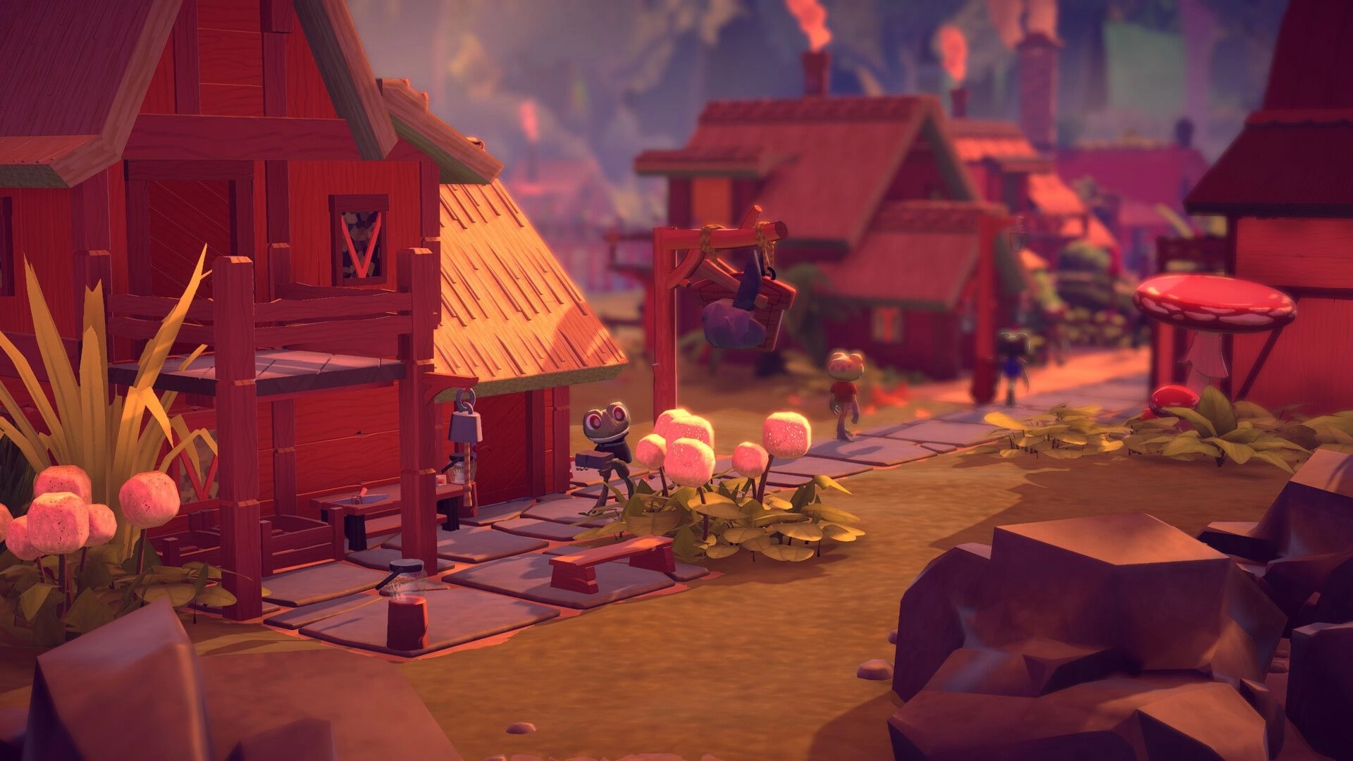 Croakwood: Frogs building houses and walking along pathways in a vibrant village with lush greenery